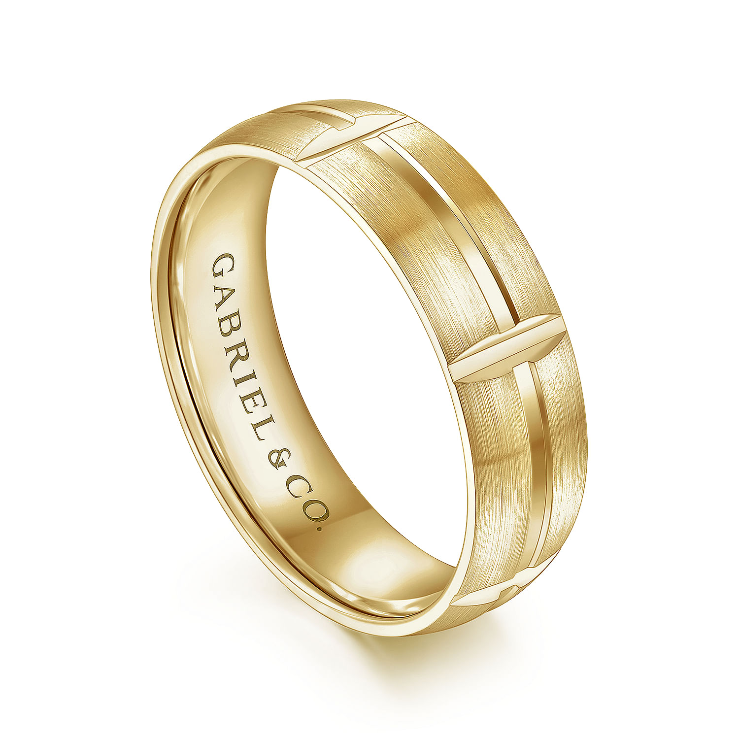 14K Yellow Gold 6mm -  Linear Engraved Stations Men's Wedding Band