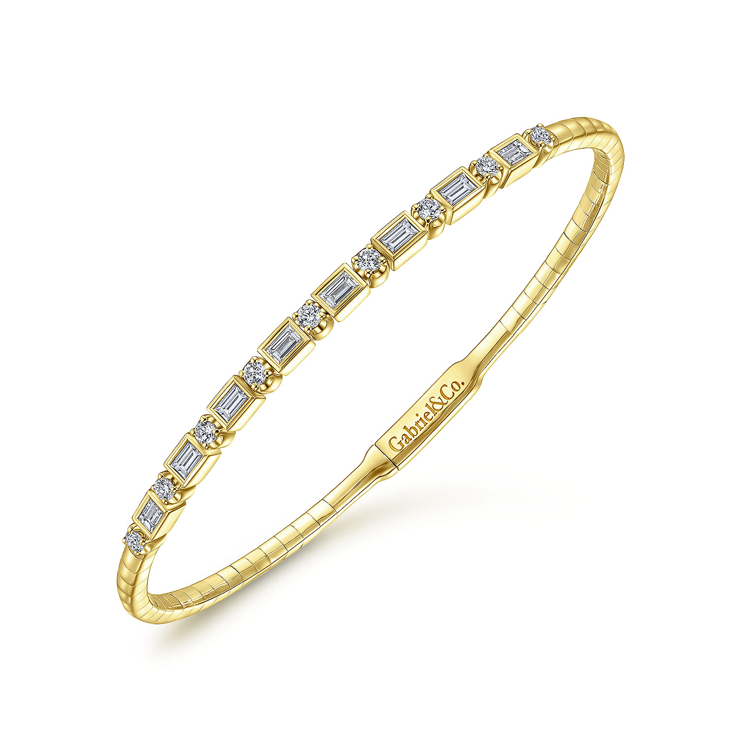 14K Yellow Gold Alternating Baguette and Round Diamond Bangle