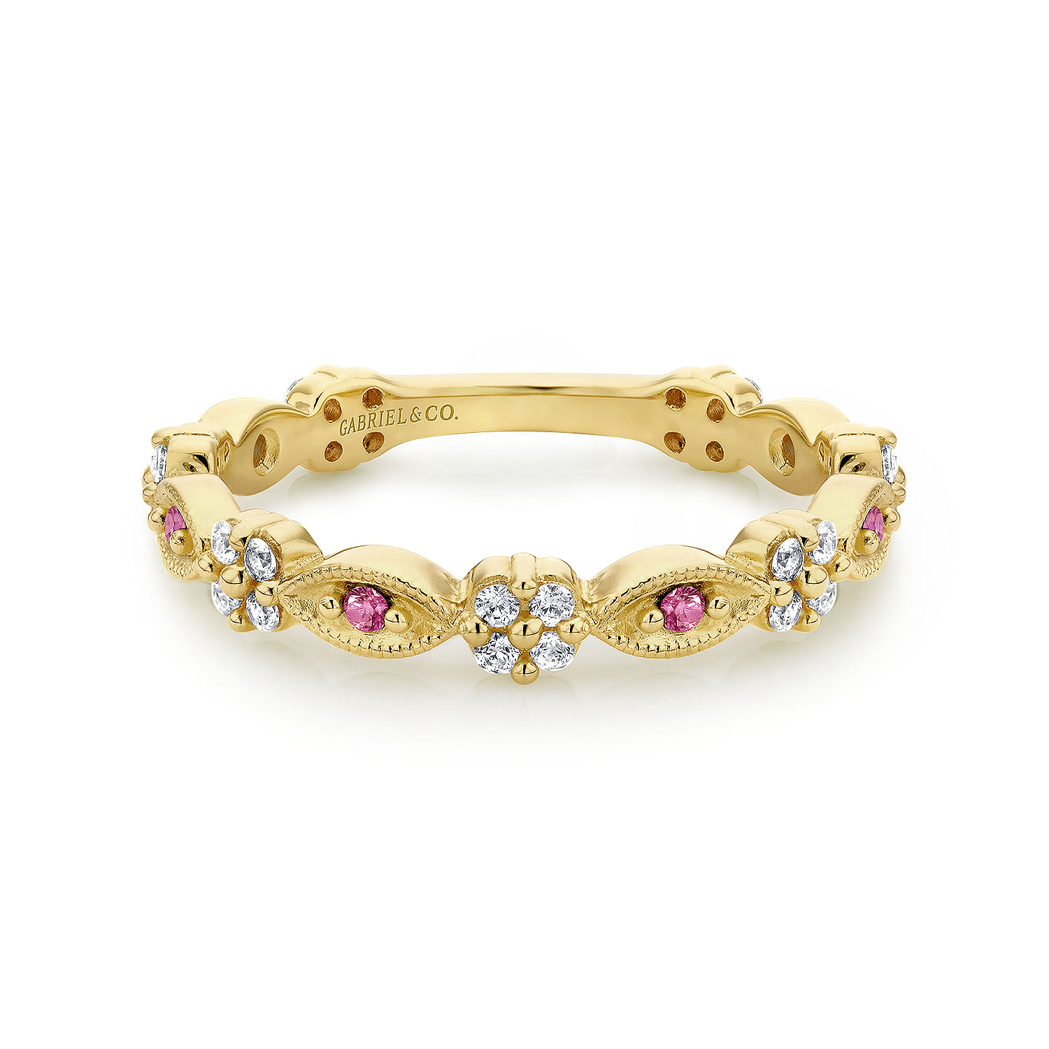 14K Yellow Gold Alternating Ruby and Diamond Station Stackable Ring