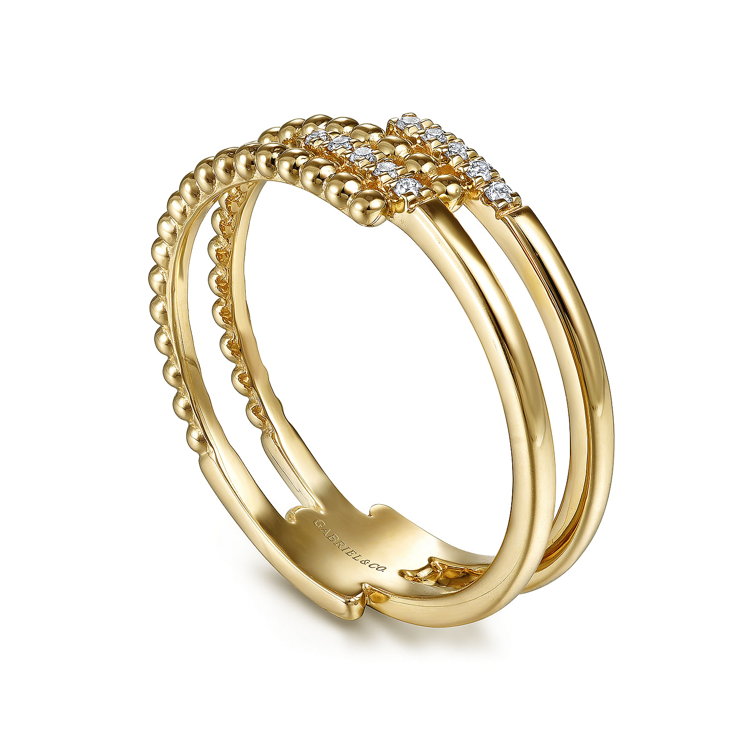 14K Yellow Gold Beaded Interlocking Diamond Ring