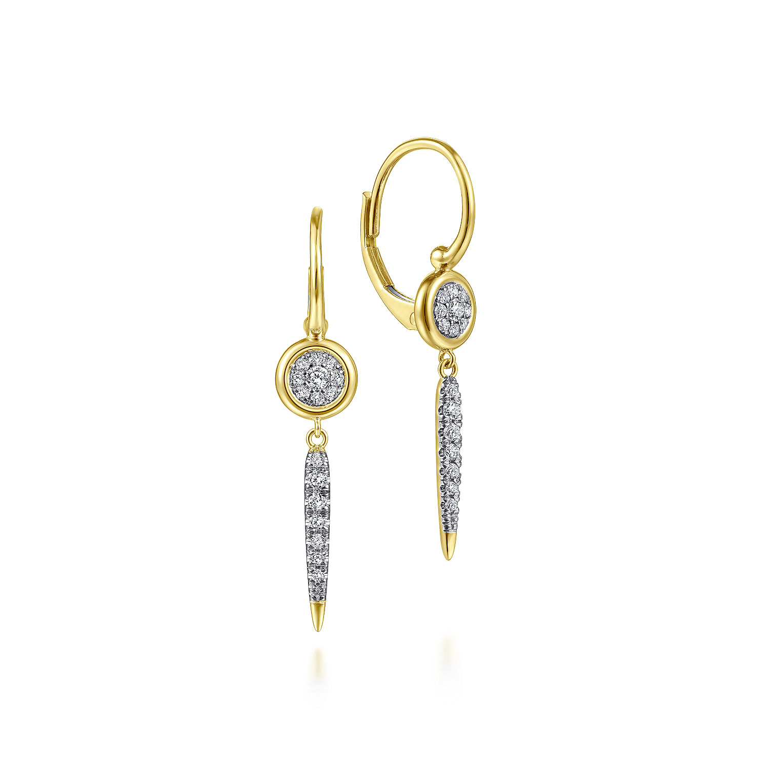 14K Yellow Gold Bezel Set Diamond Cluster with Diamond Spike Drop Earrings
