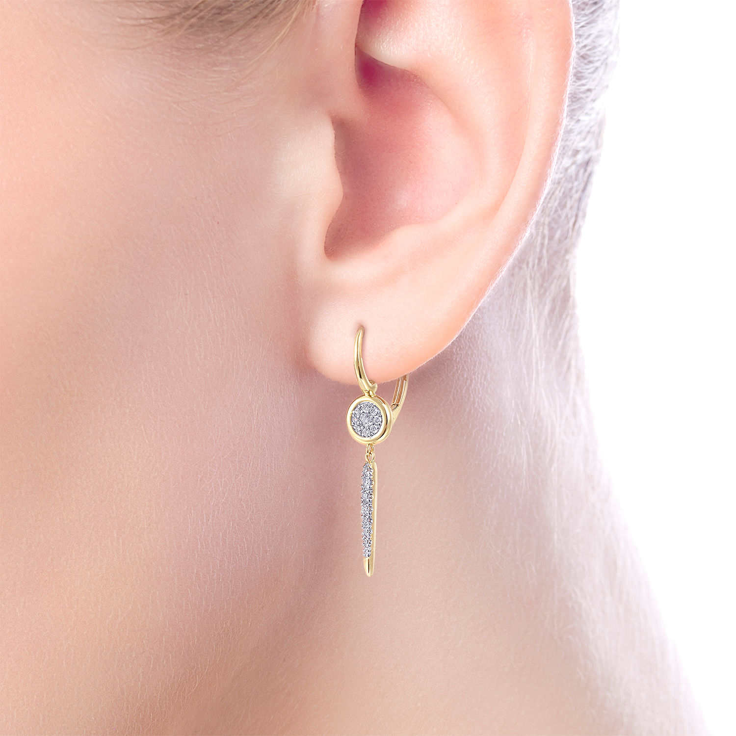 14K Yellow Gold Bezel Set Diamond Cluster with Diamond Spike Drop Earrings