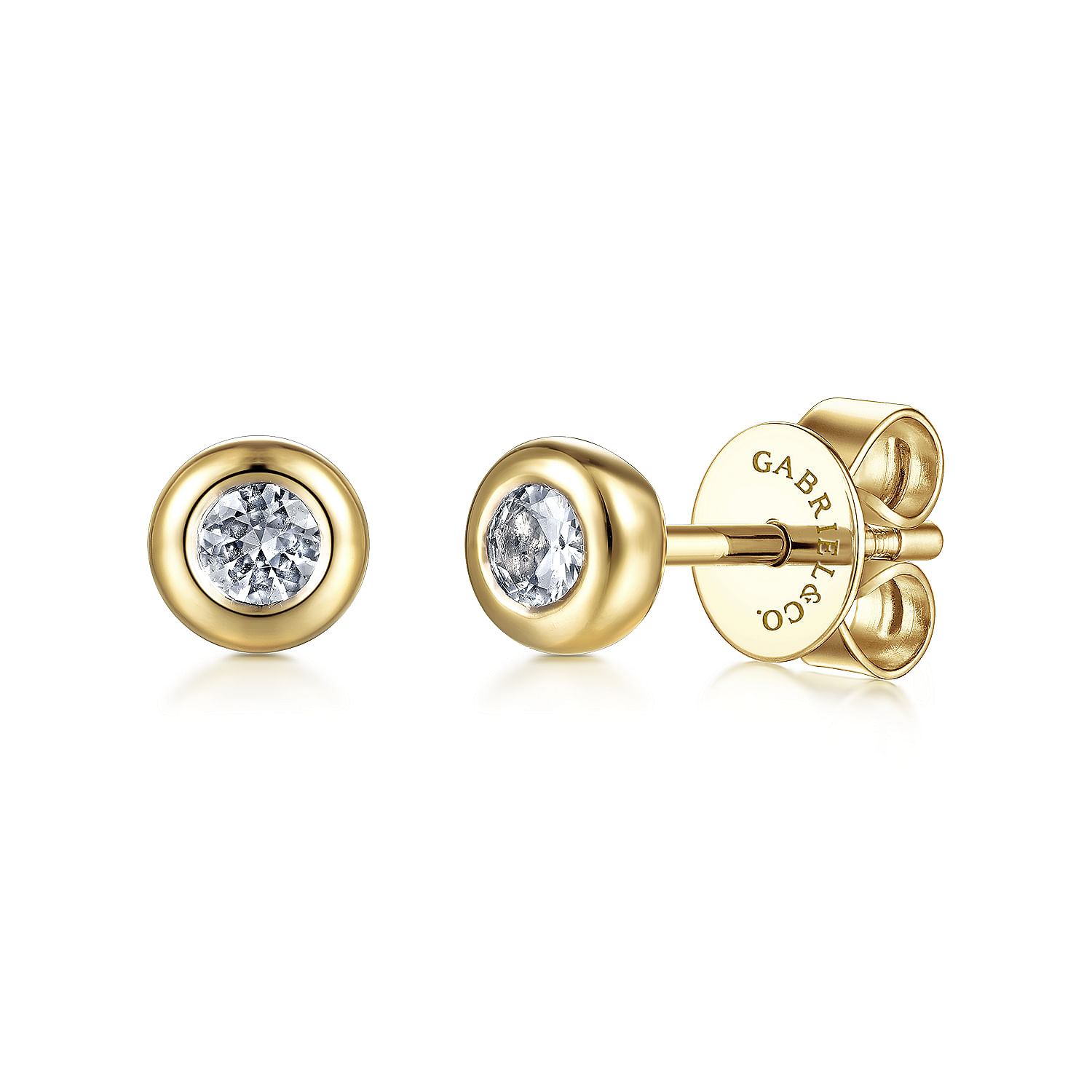 14K Yellow Gold Bezel Set White Sapphire  Stud Earrings