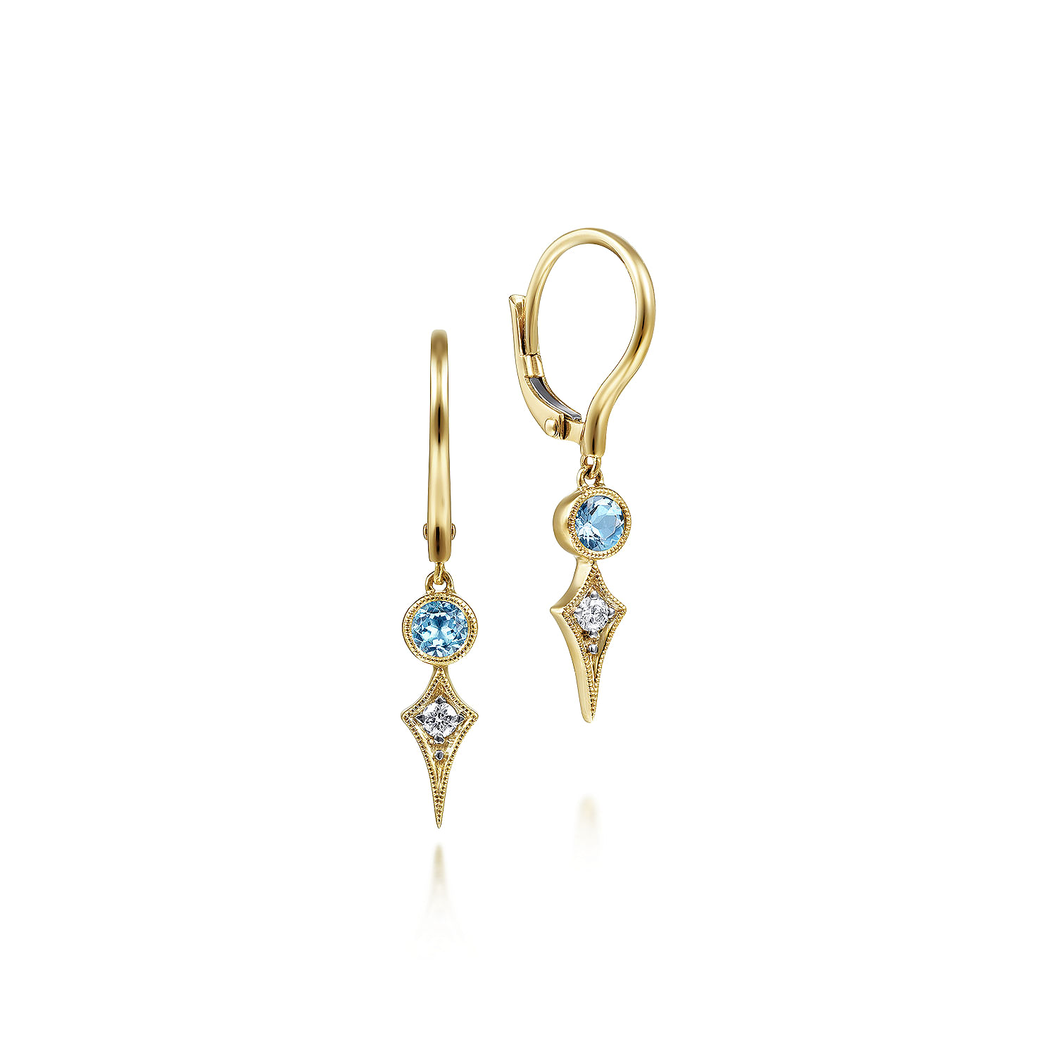 14K Yellow Gold Blue Topaz and Spiked Diamond Kite Drop Earrings