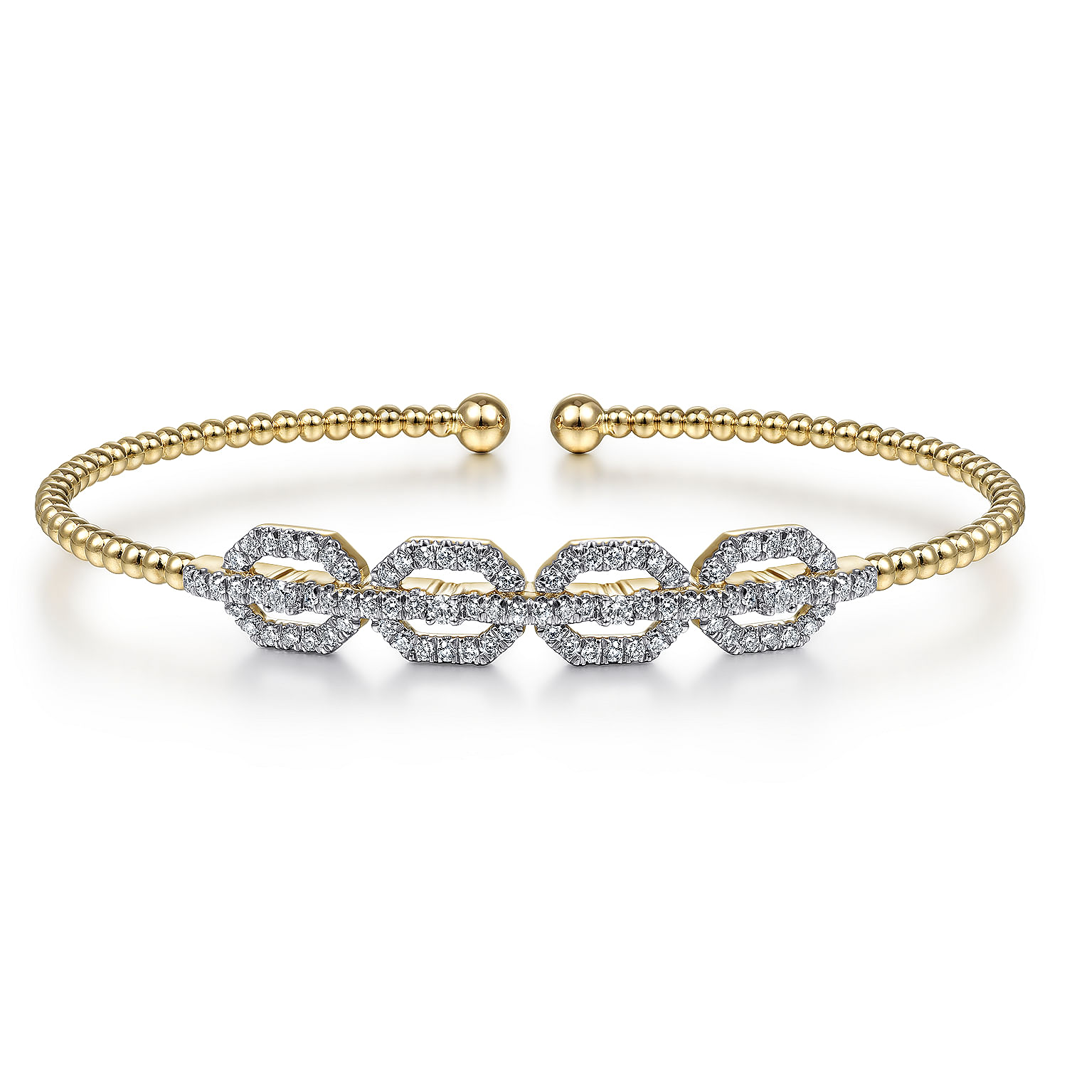 14K Yellow Gold Bujukan Bead Cuff Bracelet with Diamond Pavé Links