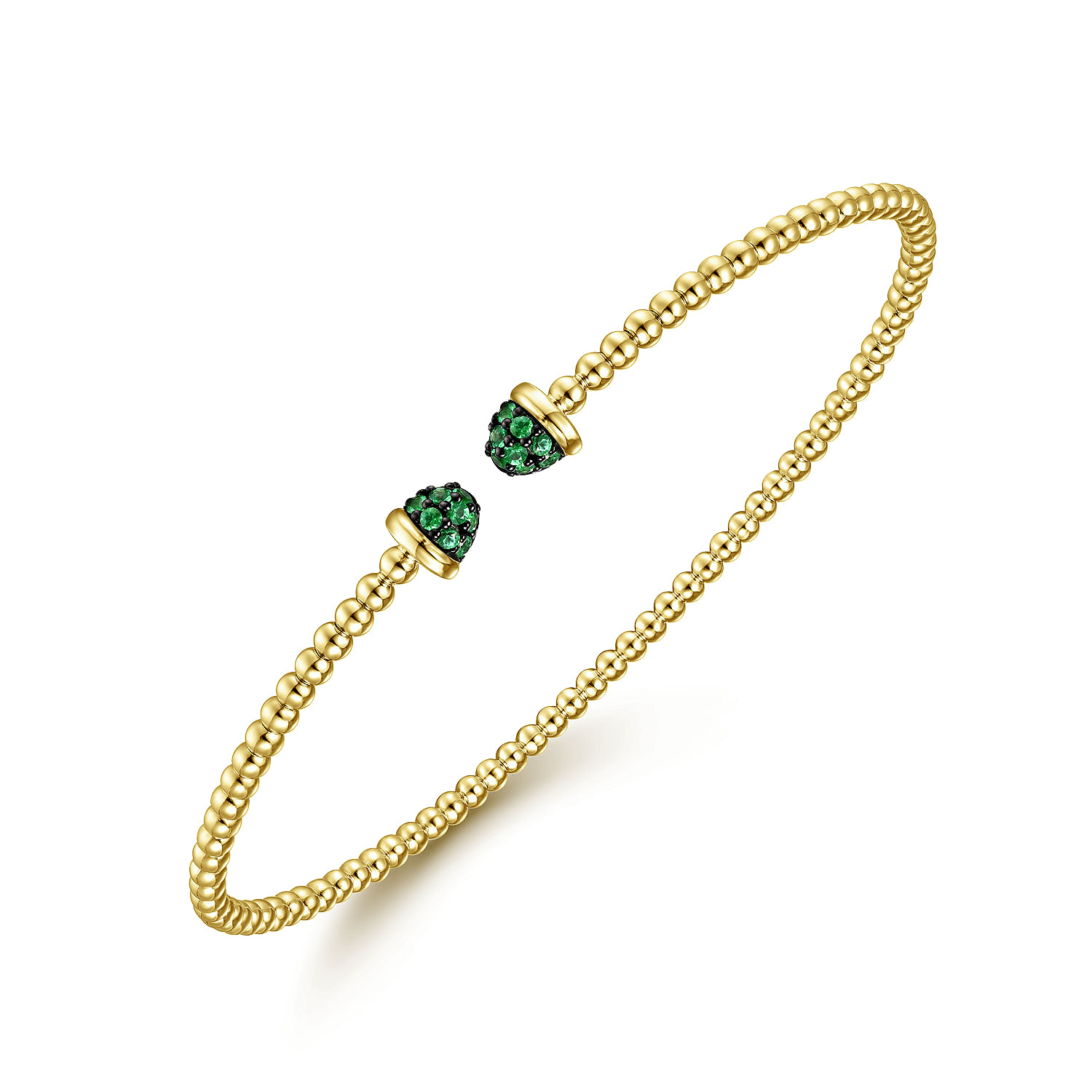 14K Yellow Gold Bujukan Bead Cuff Bracelet with Emerald Pavé Caps