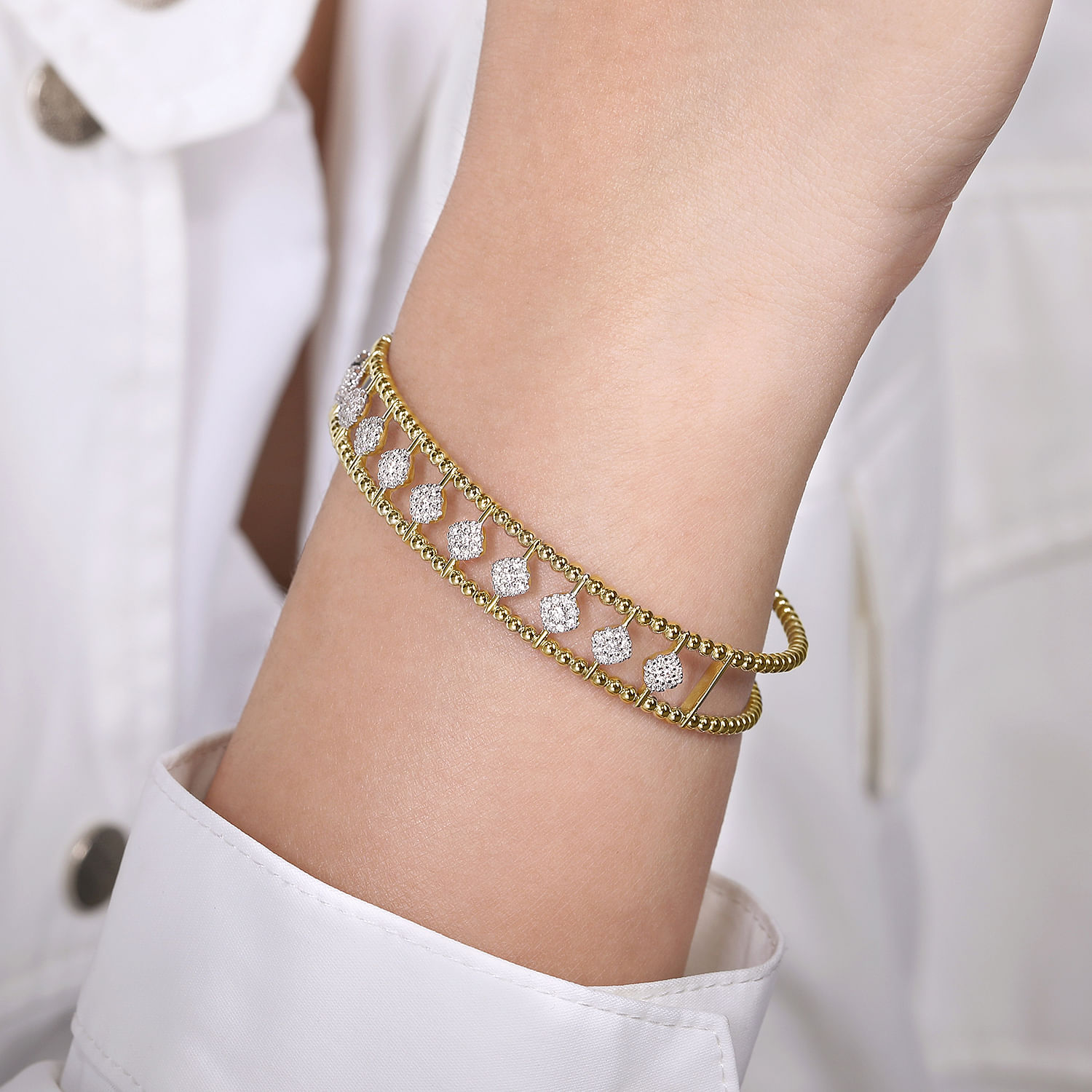 14K Yellow Gold Bujukan Bead Cuff Bracelet with Pavé Diamond Connectors