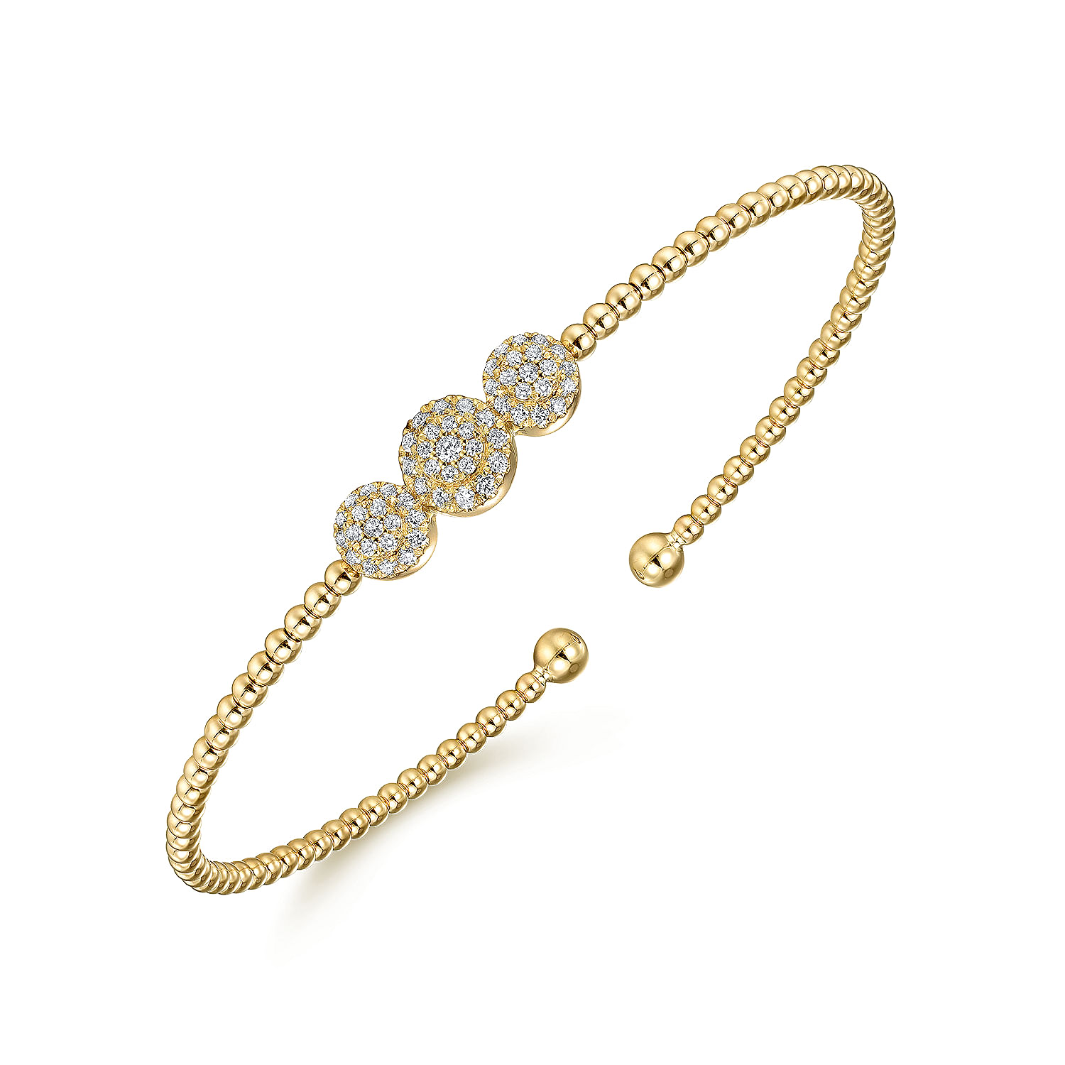 14K Yellow Gold Bujukan Bead Cuff Bracelet with Three Pavé Diamond Stations