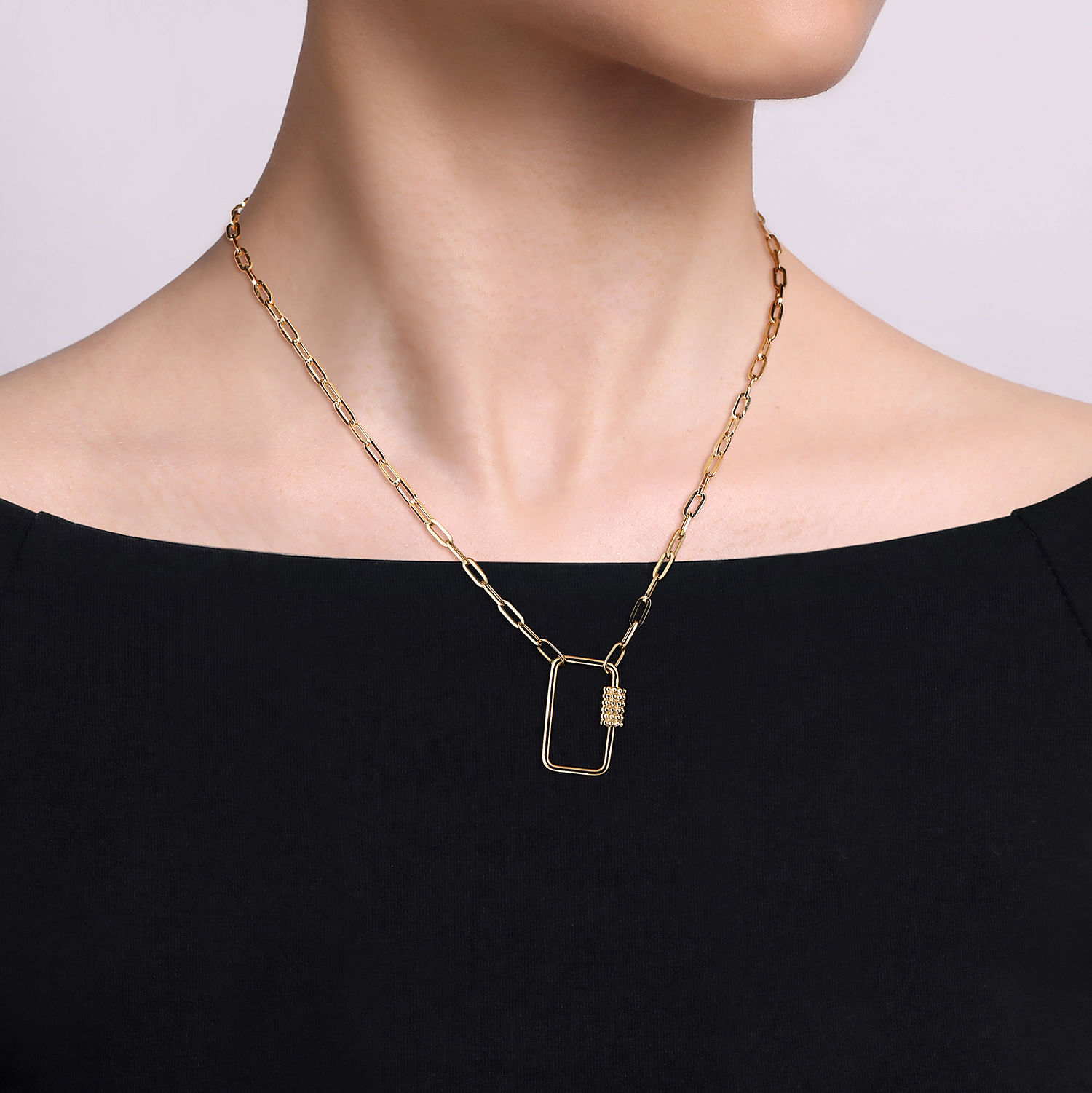 14K Yellow Gold Bujukan Carabiner  Lock Necklace with Hollow Paperclip Chain