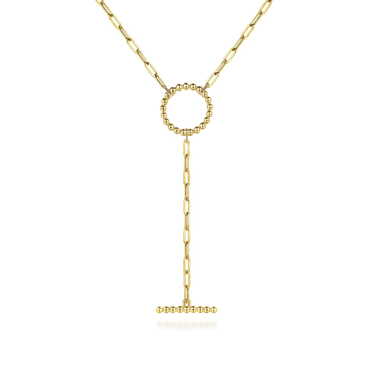 14K Yellow Gold Bujukan Circle and Bar Y-Knot Necklace with Hollow Paperclip Chain
