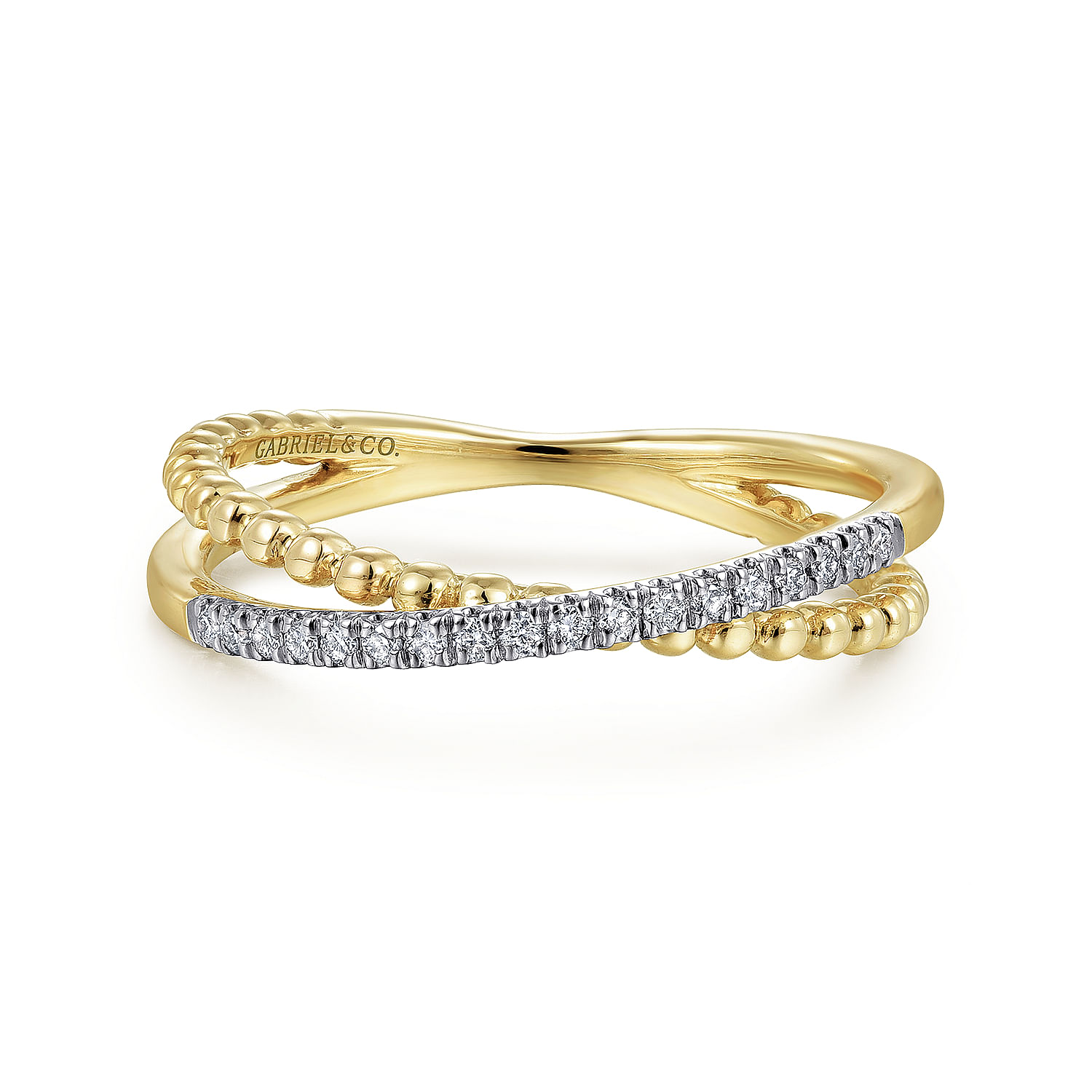 14K Yellow Gold Bujukan Pavé Diamond Criss Cross Stackable Ring