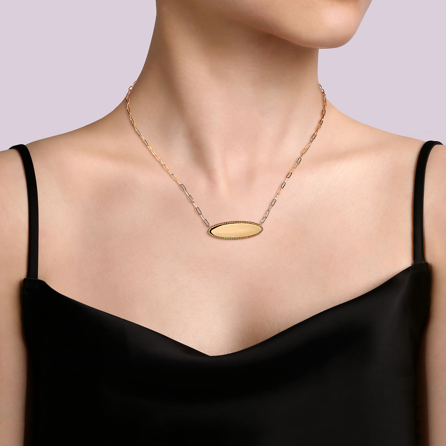 14K Yellow Gold Bujukan Personalize Elongated Oval Pendant Necklace with Hollow Paperclip Chain