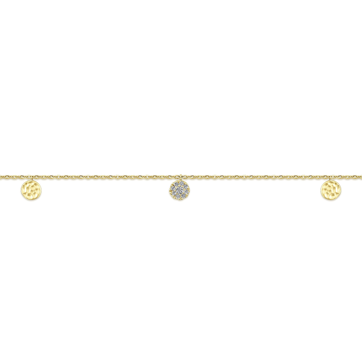 14K Yellow Gold Chain Ankle Bracelet with Round Hammered and Diamond Disc Drops