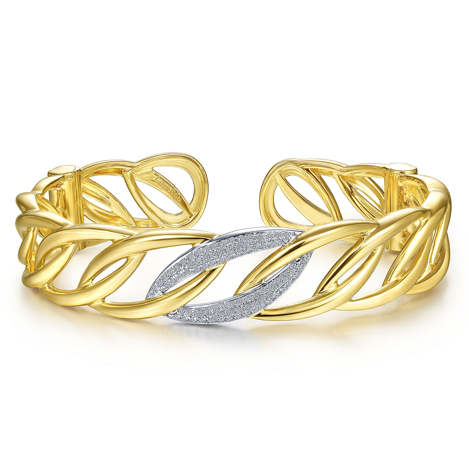 14K Yellow Gold Chain Link Cuff Bracelet with White Gold Pavé Diamond Station