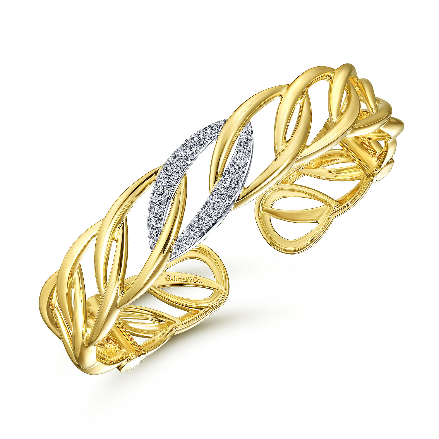 14K Yellow Gold Chain Link Cuff Bracelet with White Gold Pavé Diamond Station