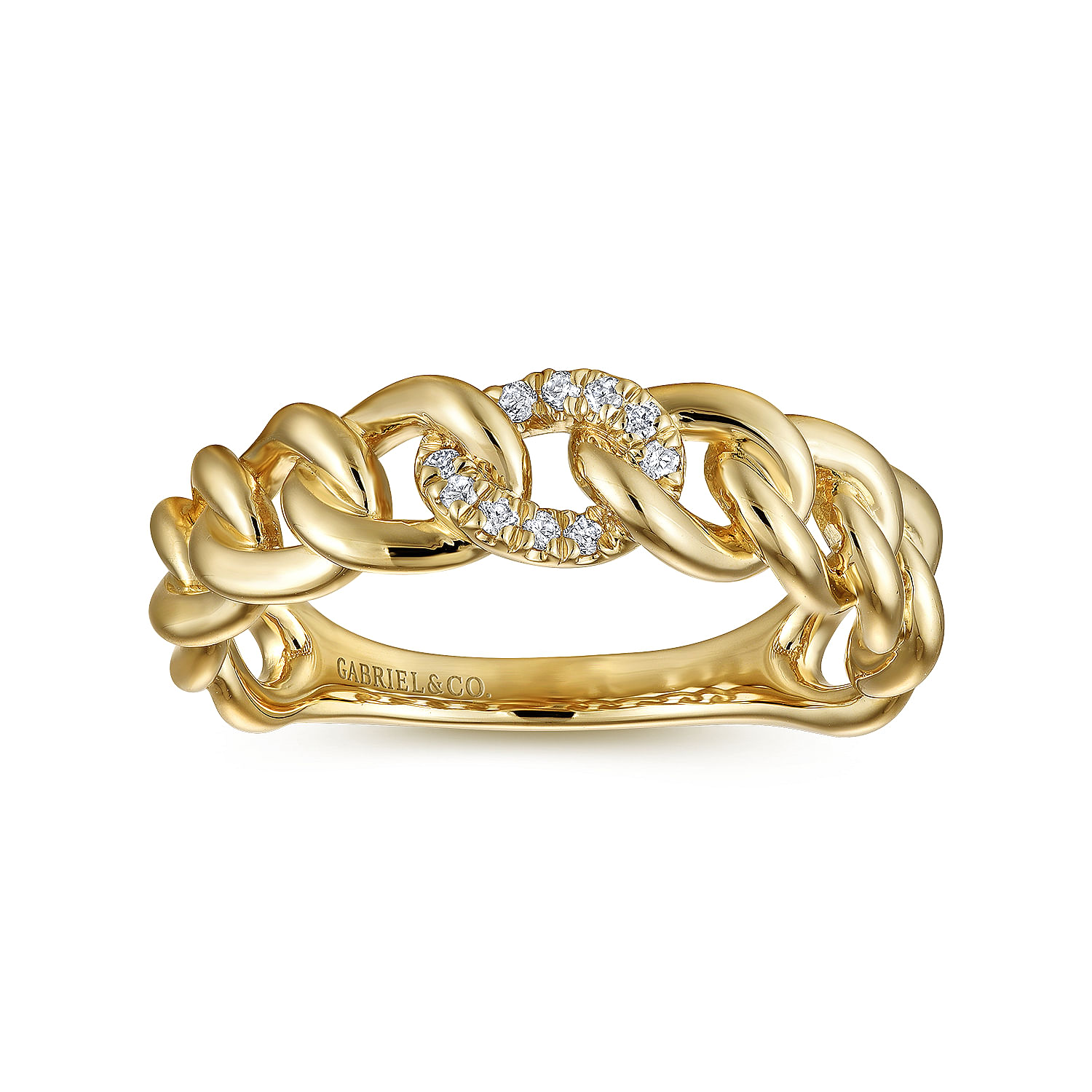 14K Yellow Gold Chain Link Ring Band with Pavé Diamond Station