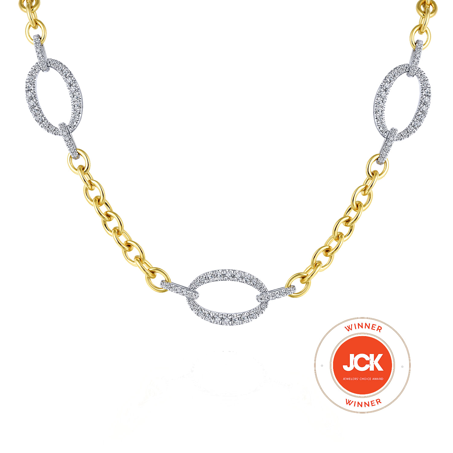 14K Yellow Gold Chain Necklace with Oval Diamond Pavé White Gold Link Stations