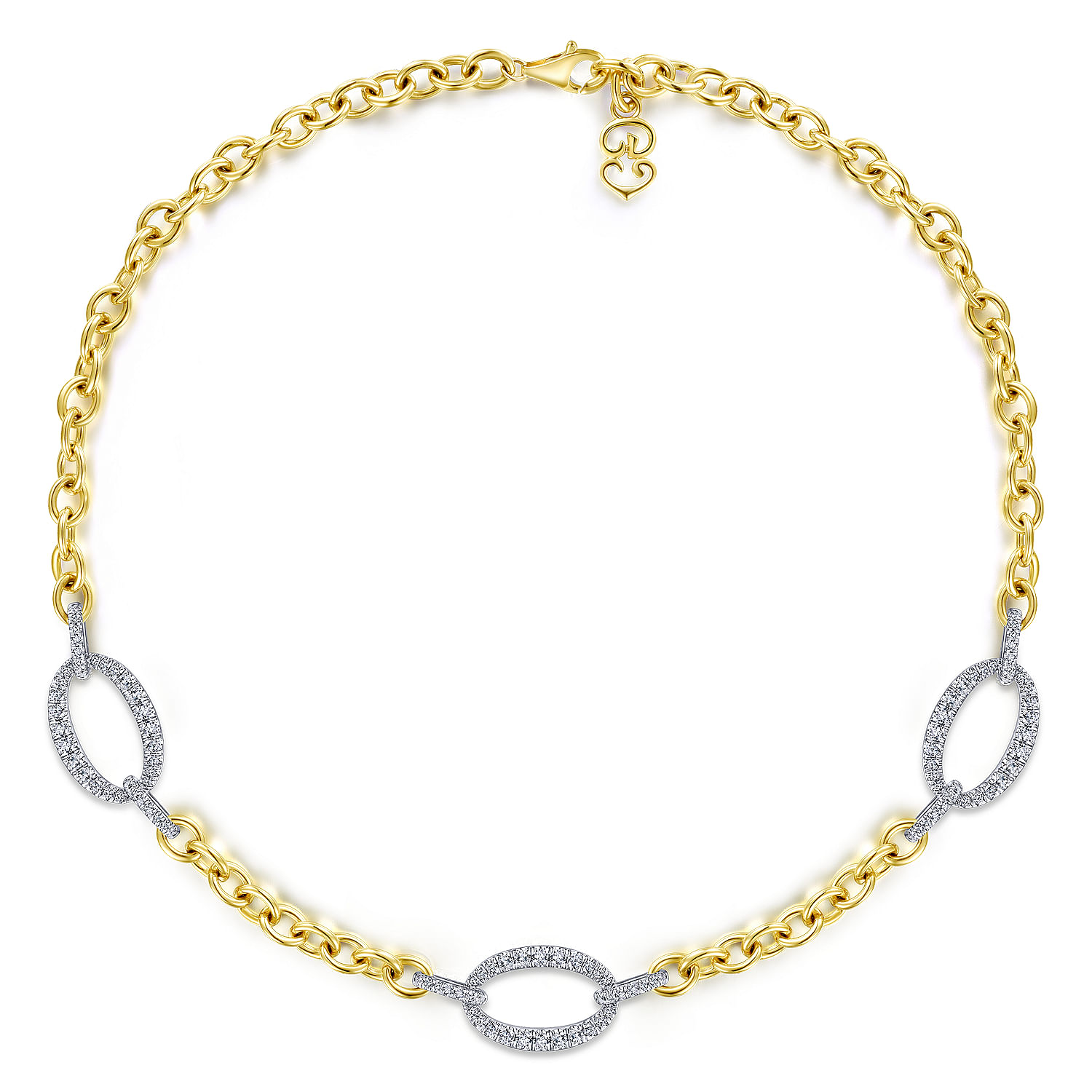 14K Yellow Gold Chain Necklace with Oval Diamond Pavé White Gold Link Stations