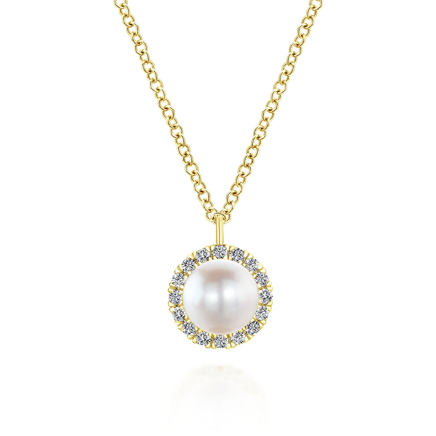 14K Yellow Gold Cultured Pearl and Diamond Halo Pendant Necklace