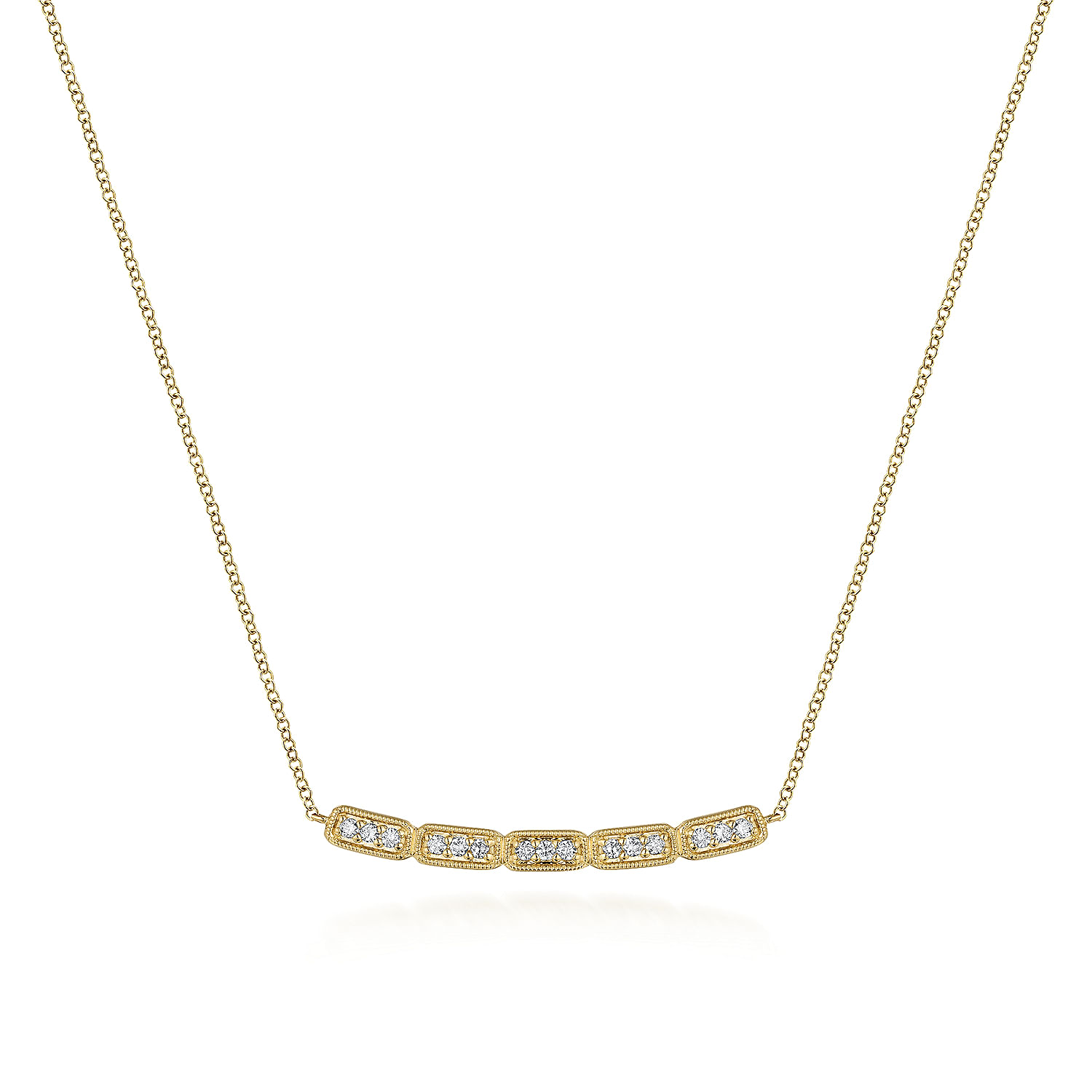 14K Yellow Gold Curved Rectangular Station Bar Necklace with Diamonds