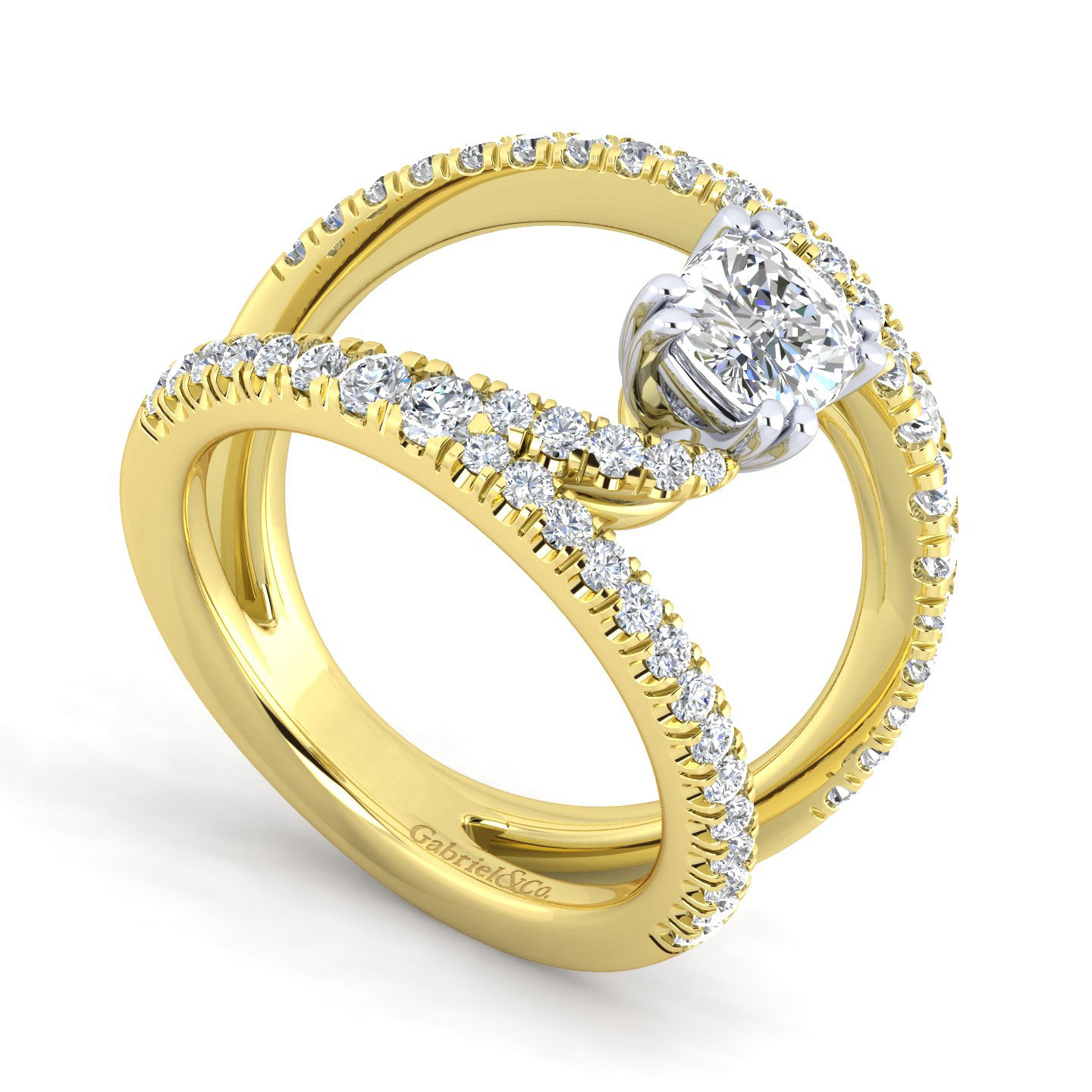 14K Yellow Gold Cushion Cut Split Shank Diamond Engagement Ring