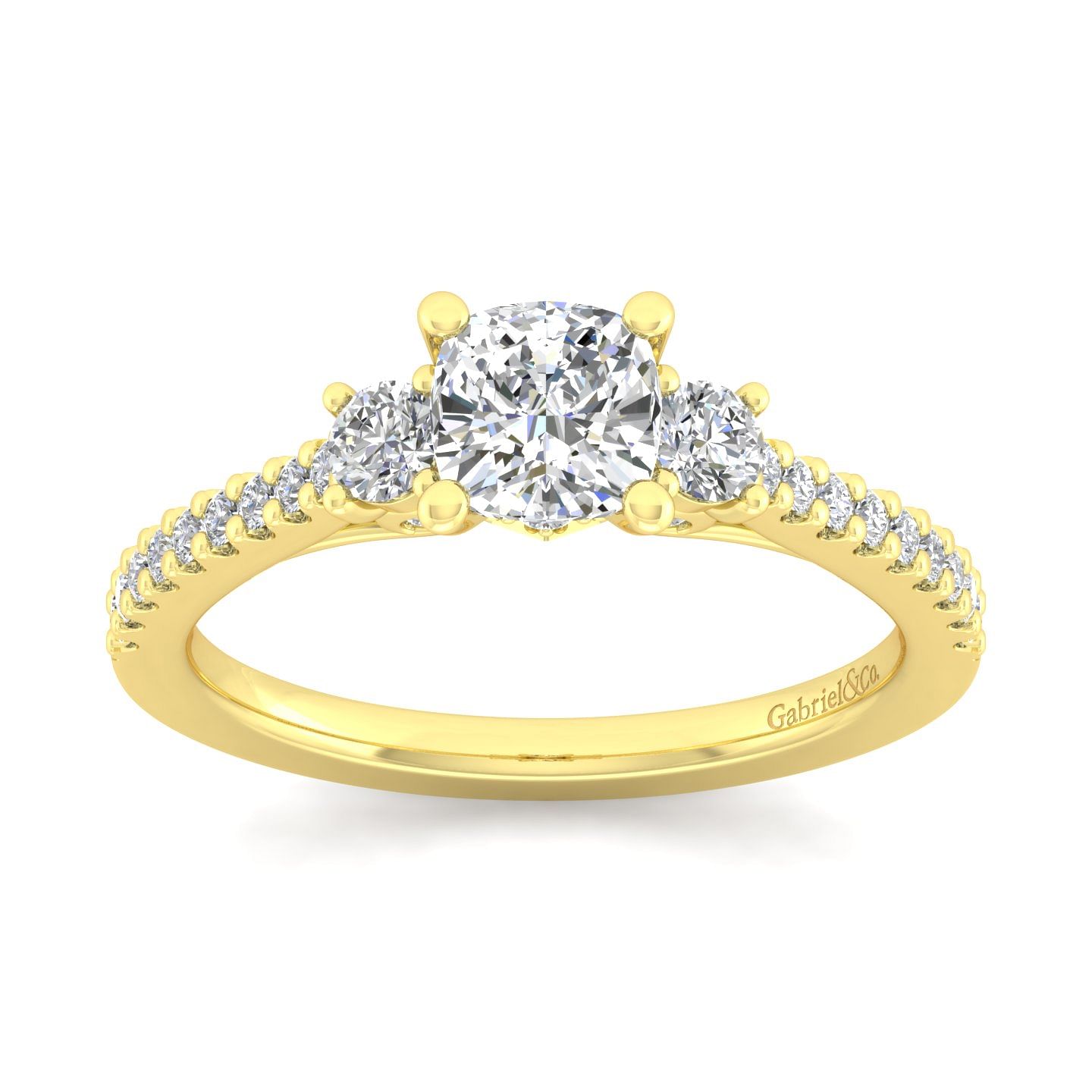 14K Yellow Gold Cushion Cut Three Stone Diamond Engagement Ring