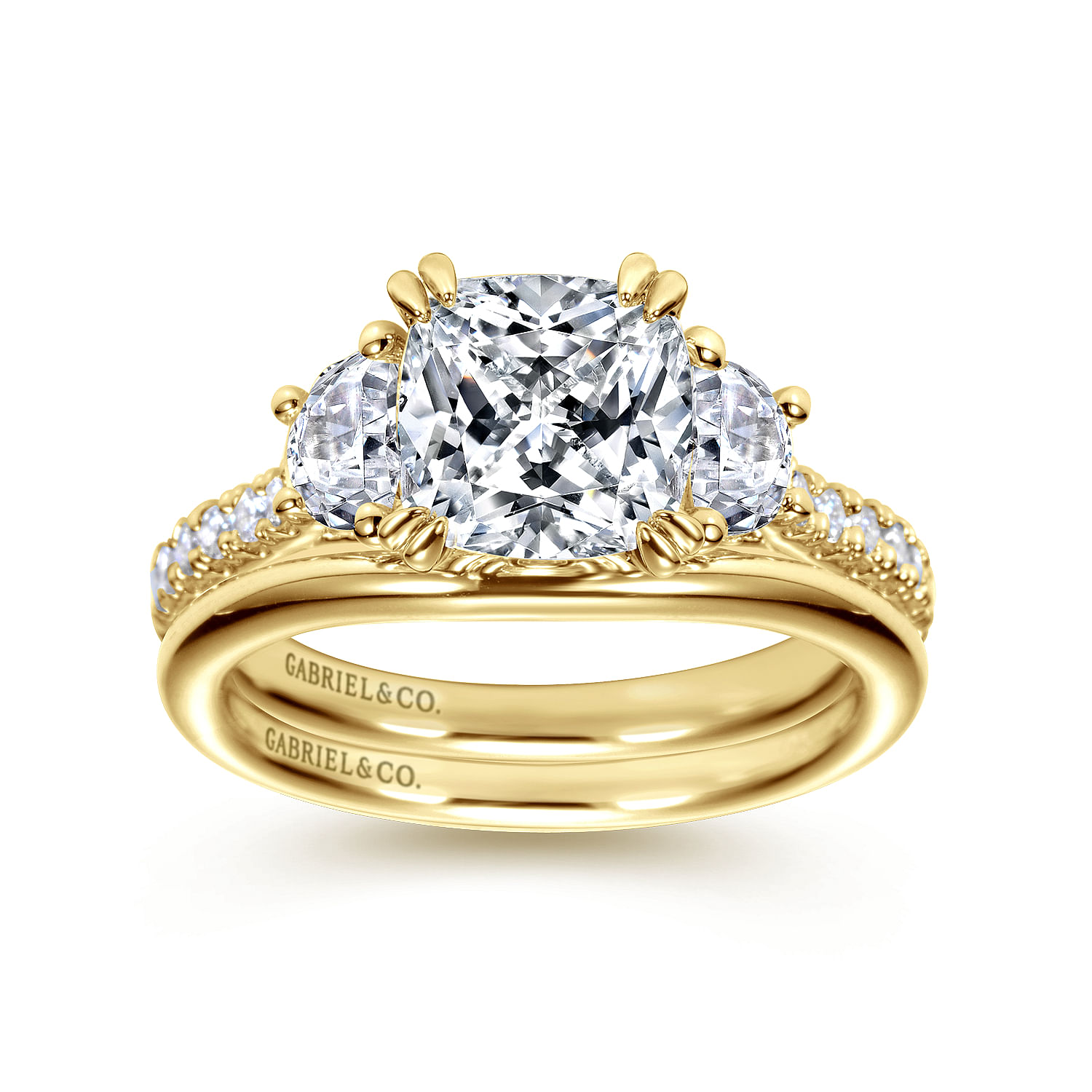 14K Yellow Gold Cushion Cut Three Stone Diamond Engagement Ring