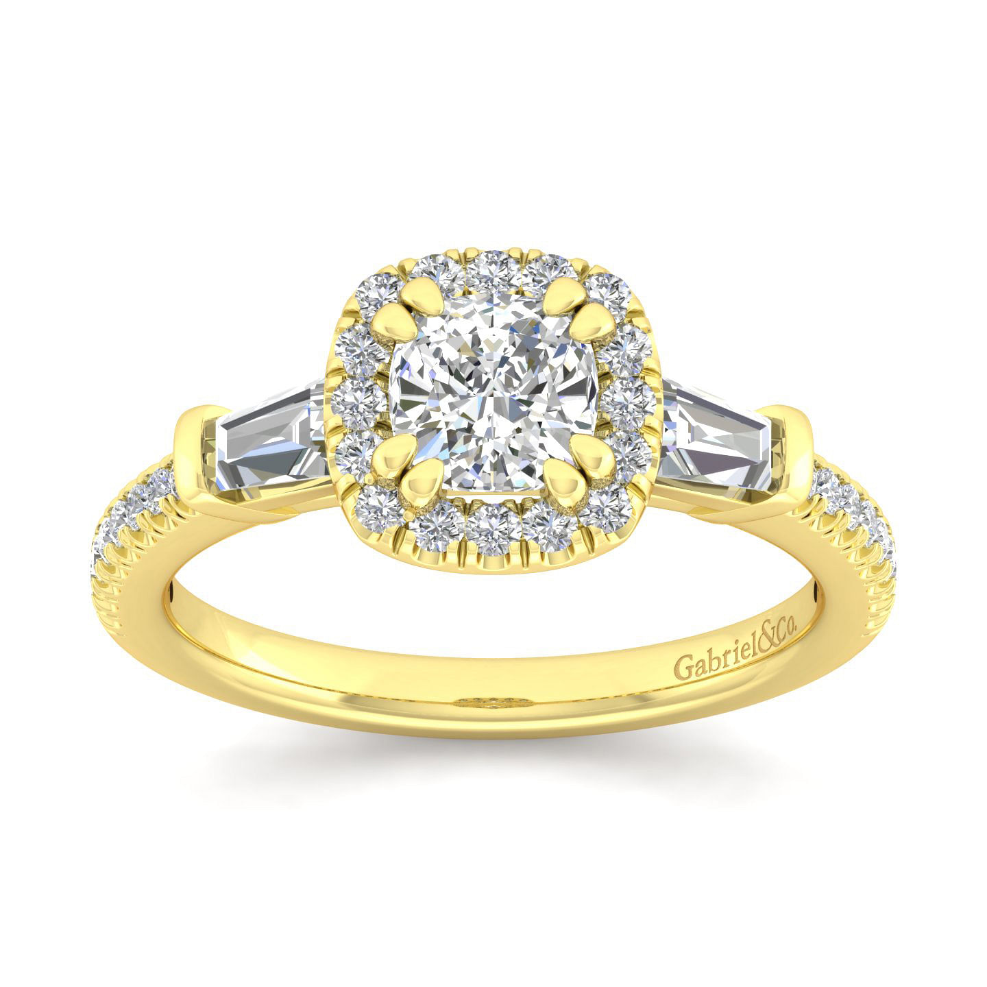14K Yellow Gold Cushion Three Stone Halo Diamond Engagement Ring