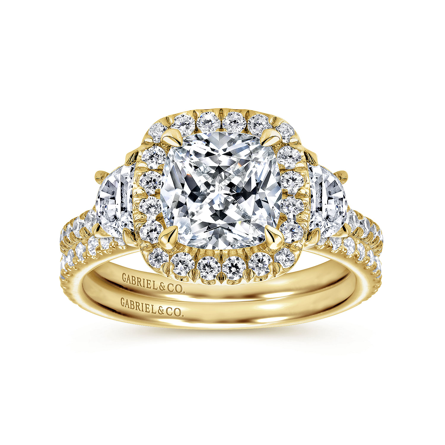 14K Yellow Gold Cushion Three Stone Halo Diamond Engagement Ring