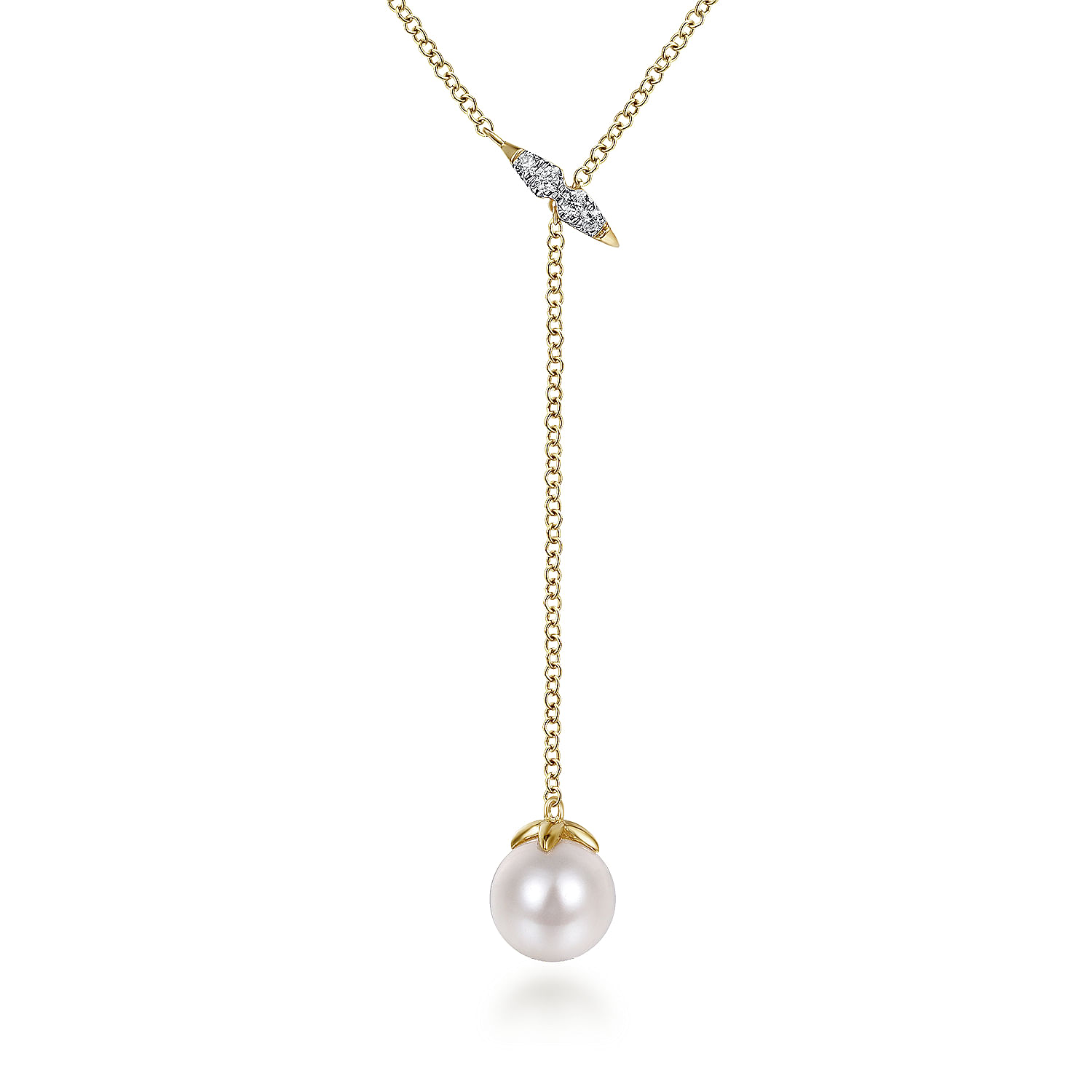 14K Yellow Gold Diamond Bar Y Necklace with Cultured Pearl Drop
