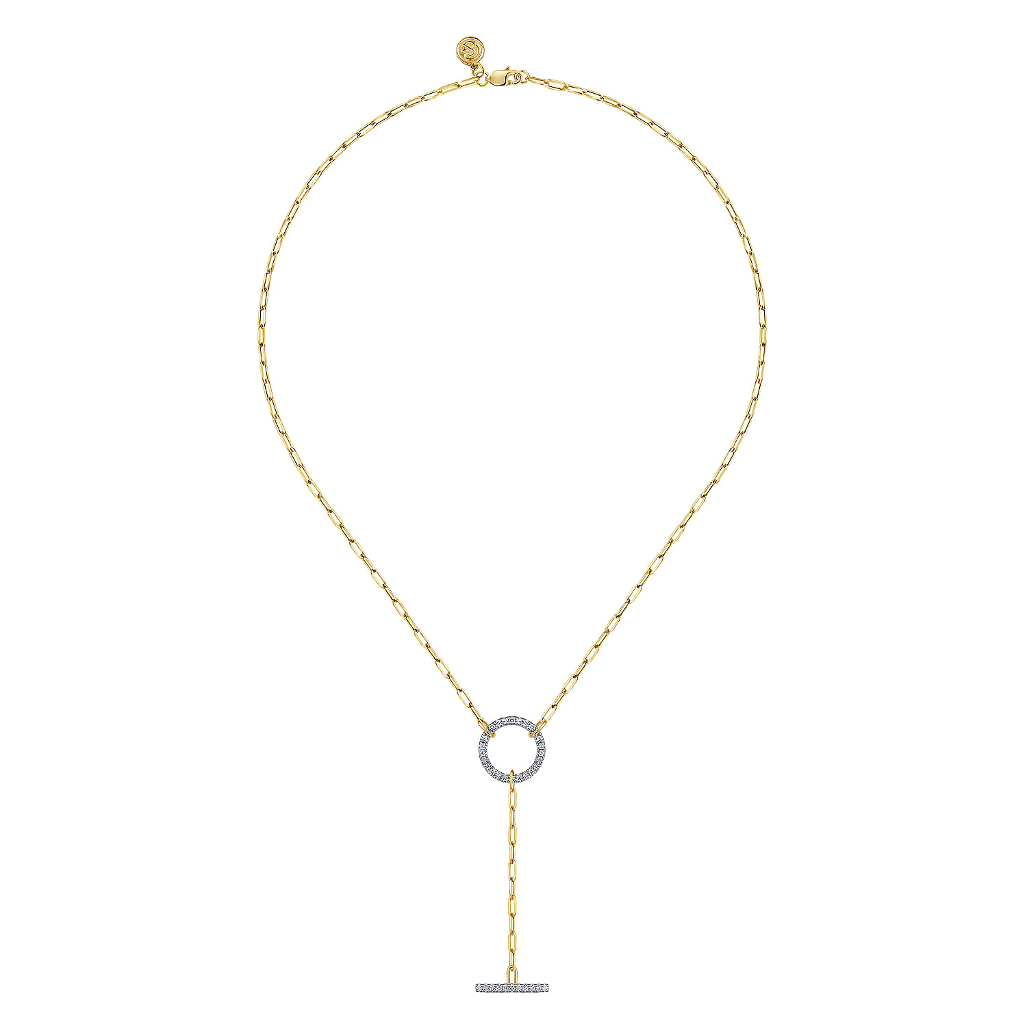 14K Yellow Gold Diamond Circle and Bar Y-Knot Necklace with Hollow Paperclip Chain