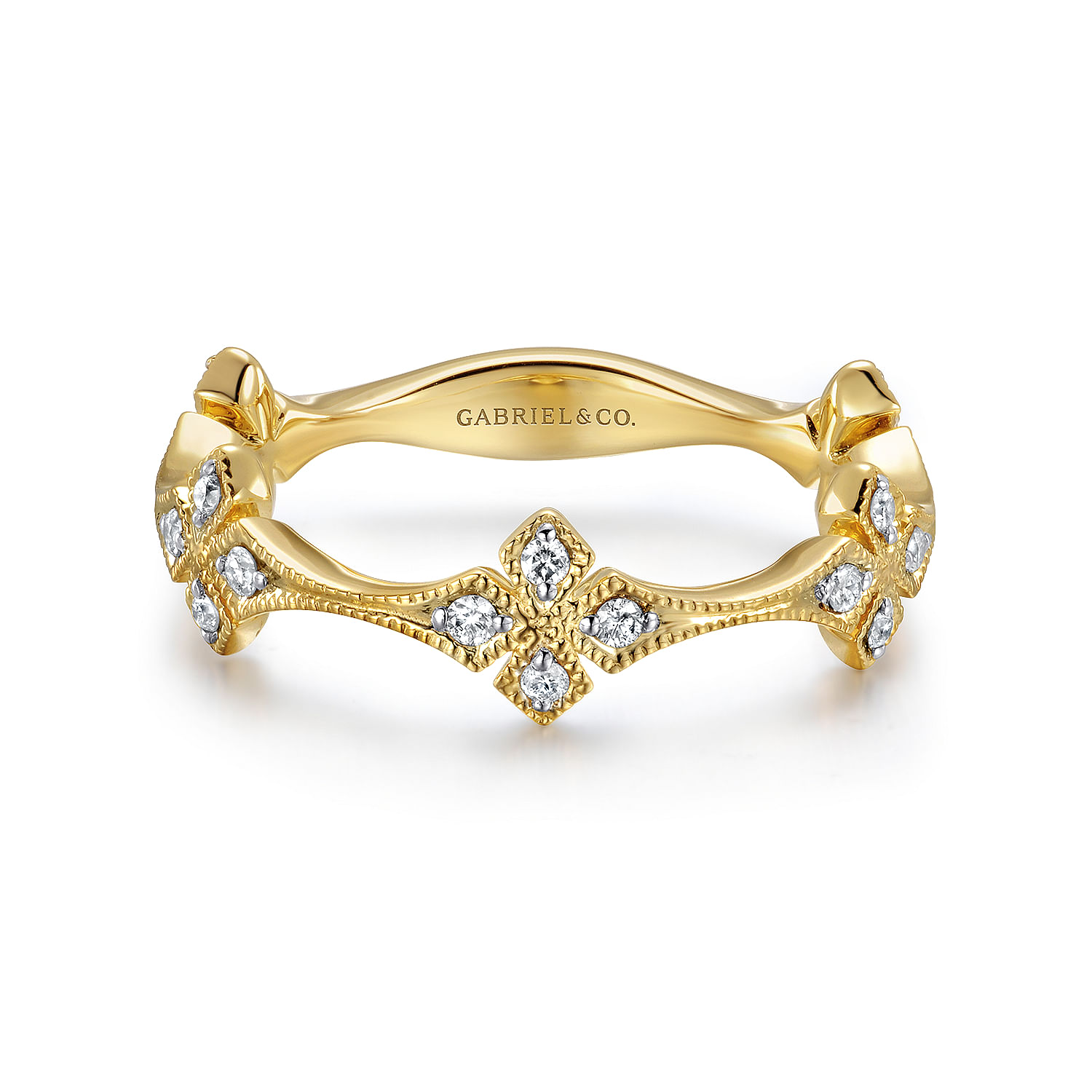 14K Yellow Gold Diamond Floral Station Stackable Ring