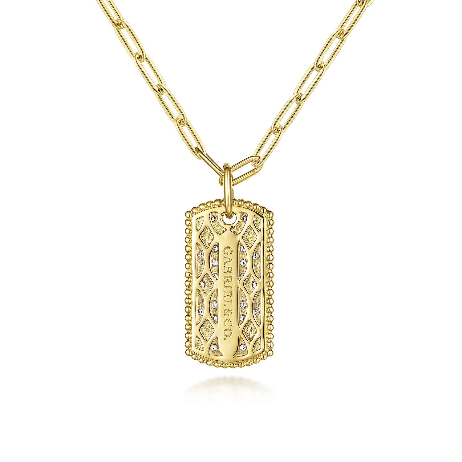 14K Yellow Gold Diamond Pavé' Dog Tag Pendant Hollow Chain Necklace