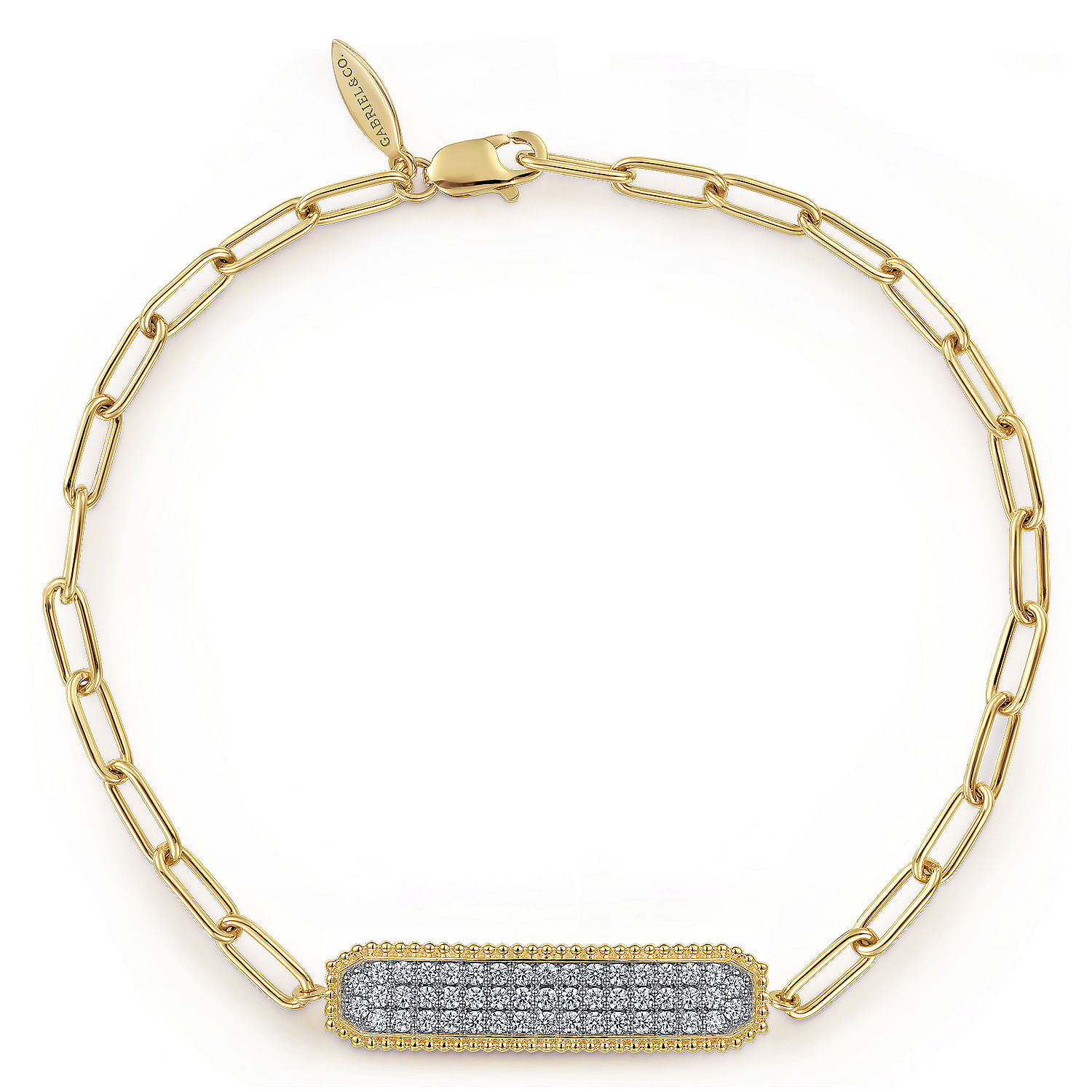 14K Yellow Gold Diamond Pave' Wide Bar Hollow Chain Bracelet