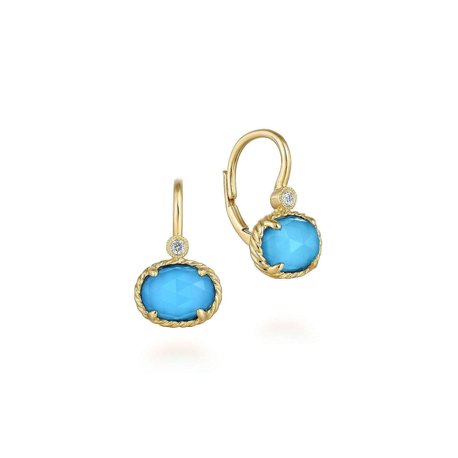 14K Yellow Gold Diamond Rock Crystal and Turquoise Oval Drop Earrings