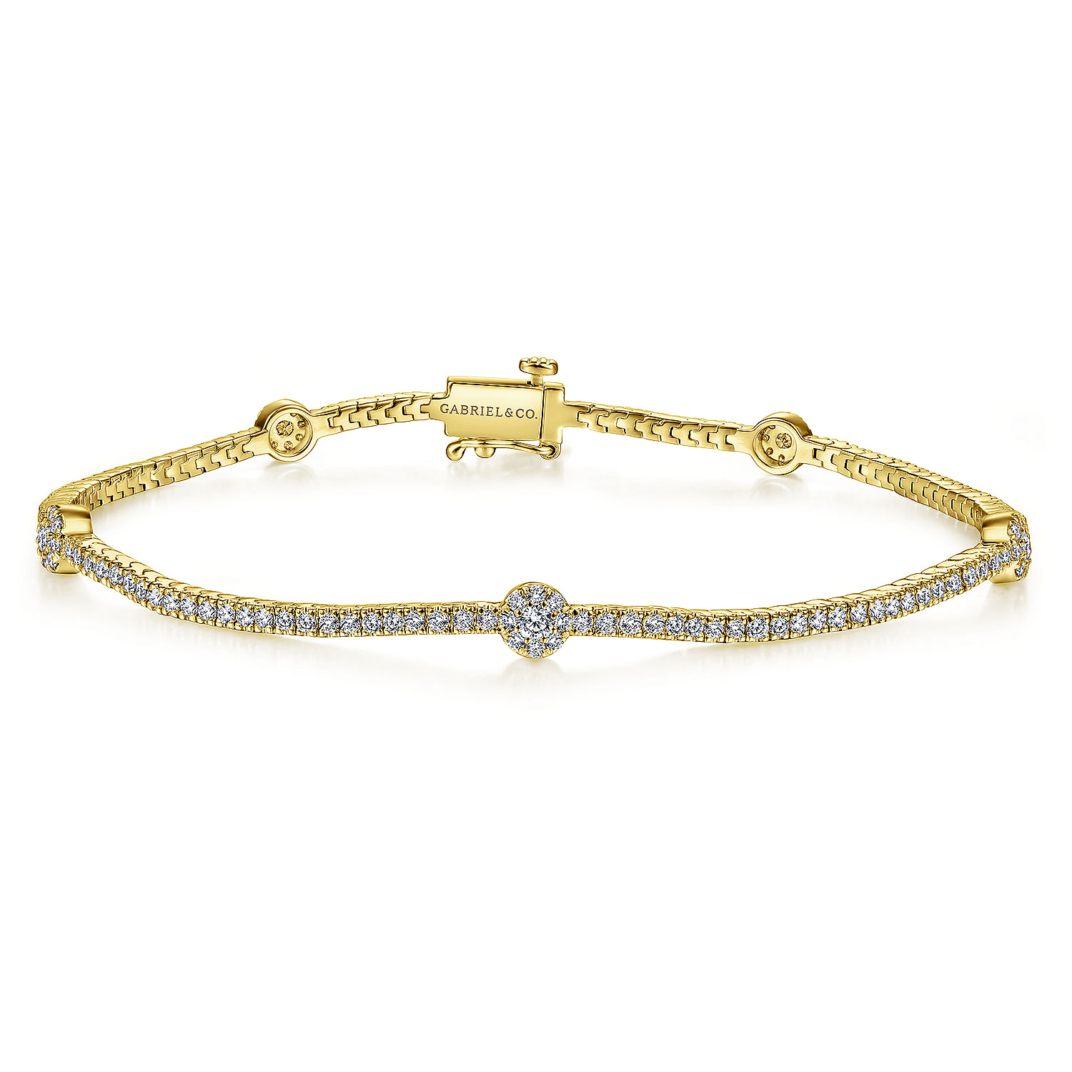 14K Yellow Gold Diamond Tennis Bracelet with Round Cluster Stations
