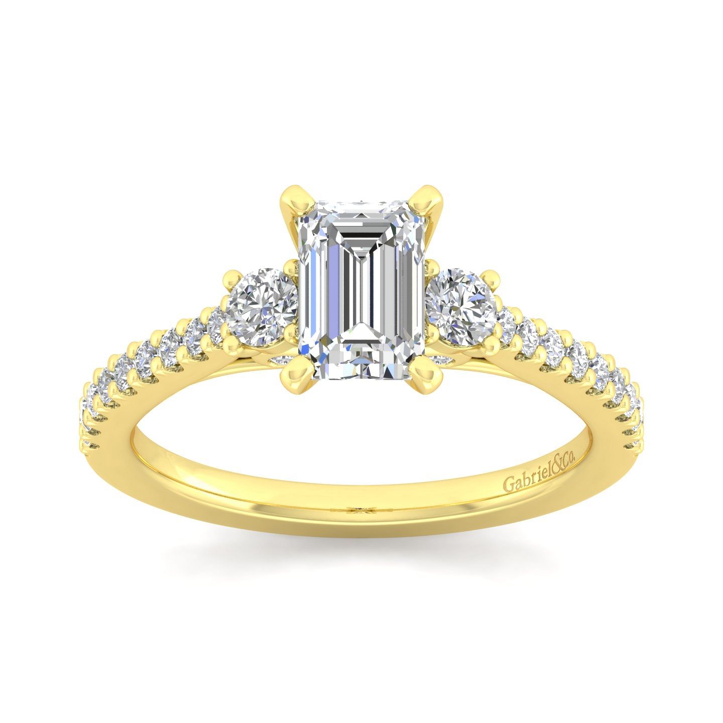 14K Yellow Gold Emerald Cut Three Stone Diamond Engagement Ring