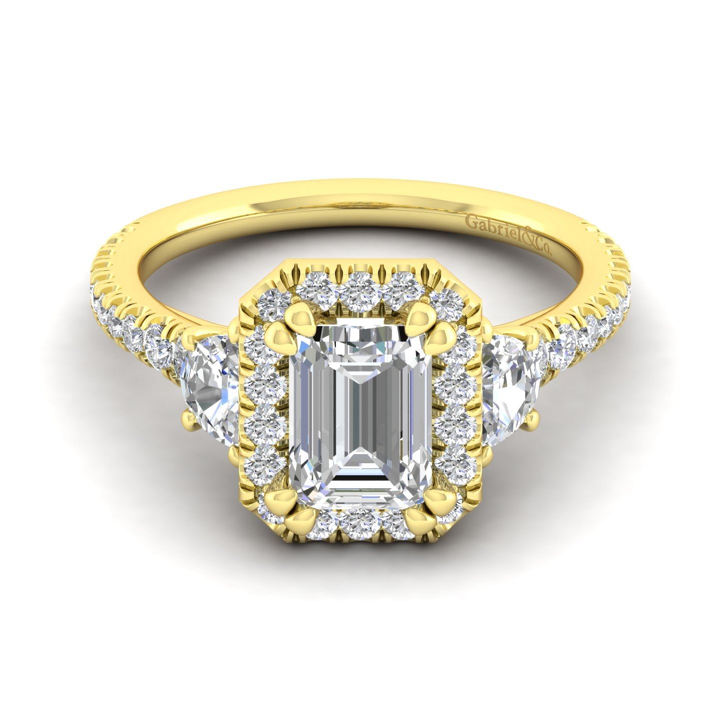 14K Yellow Gold Emerald Three Stone Halo Diamond Engagement Ring