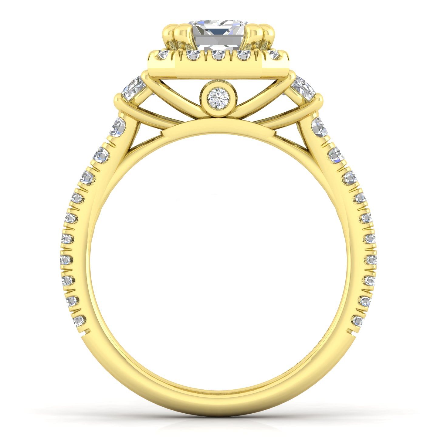 14K Yellow Gold Emerald Three Stone Halo Diamond Engagement Ring