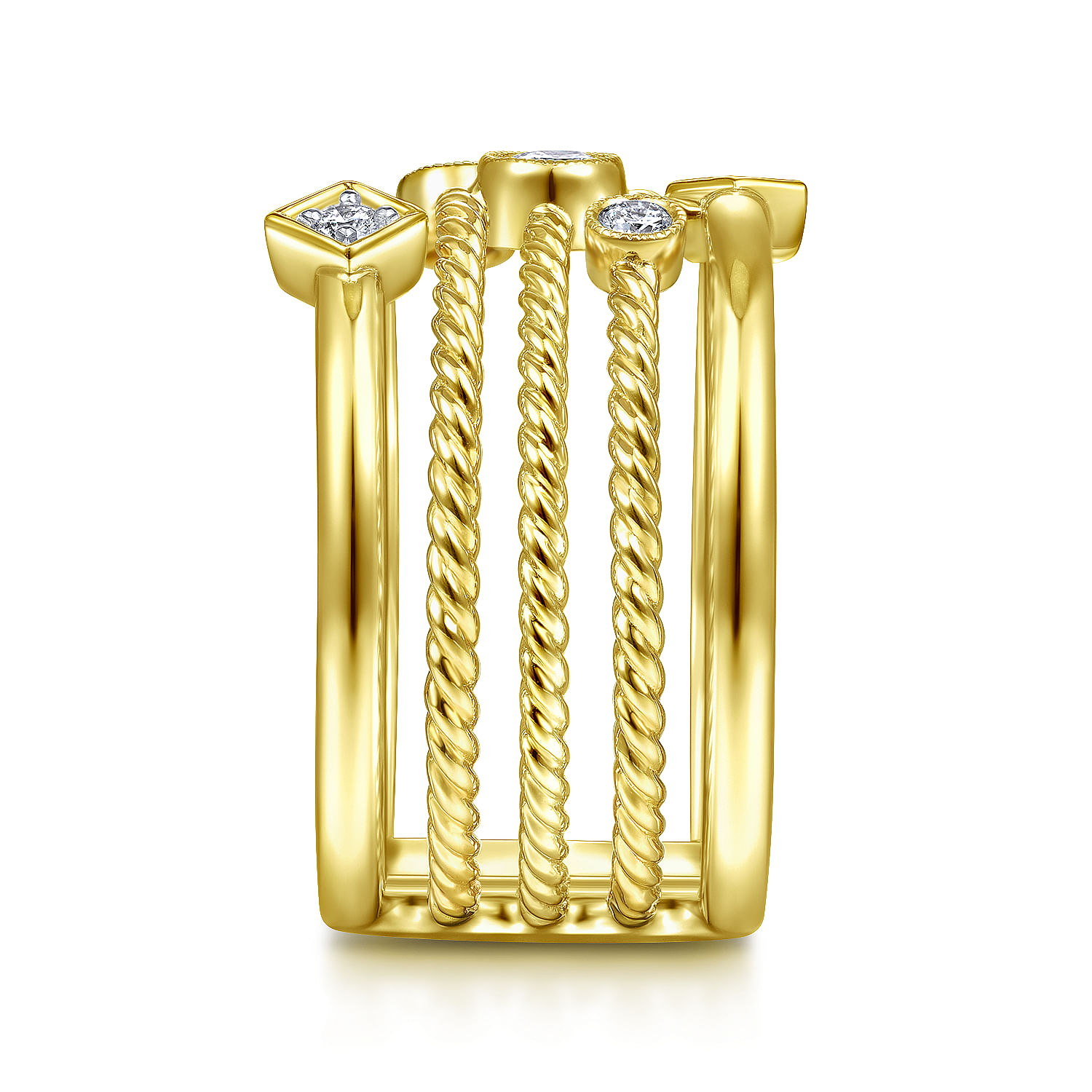 14K Yellow Gold Five Row Twisted Rope and Diamond Station Ring