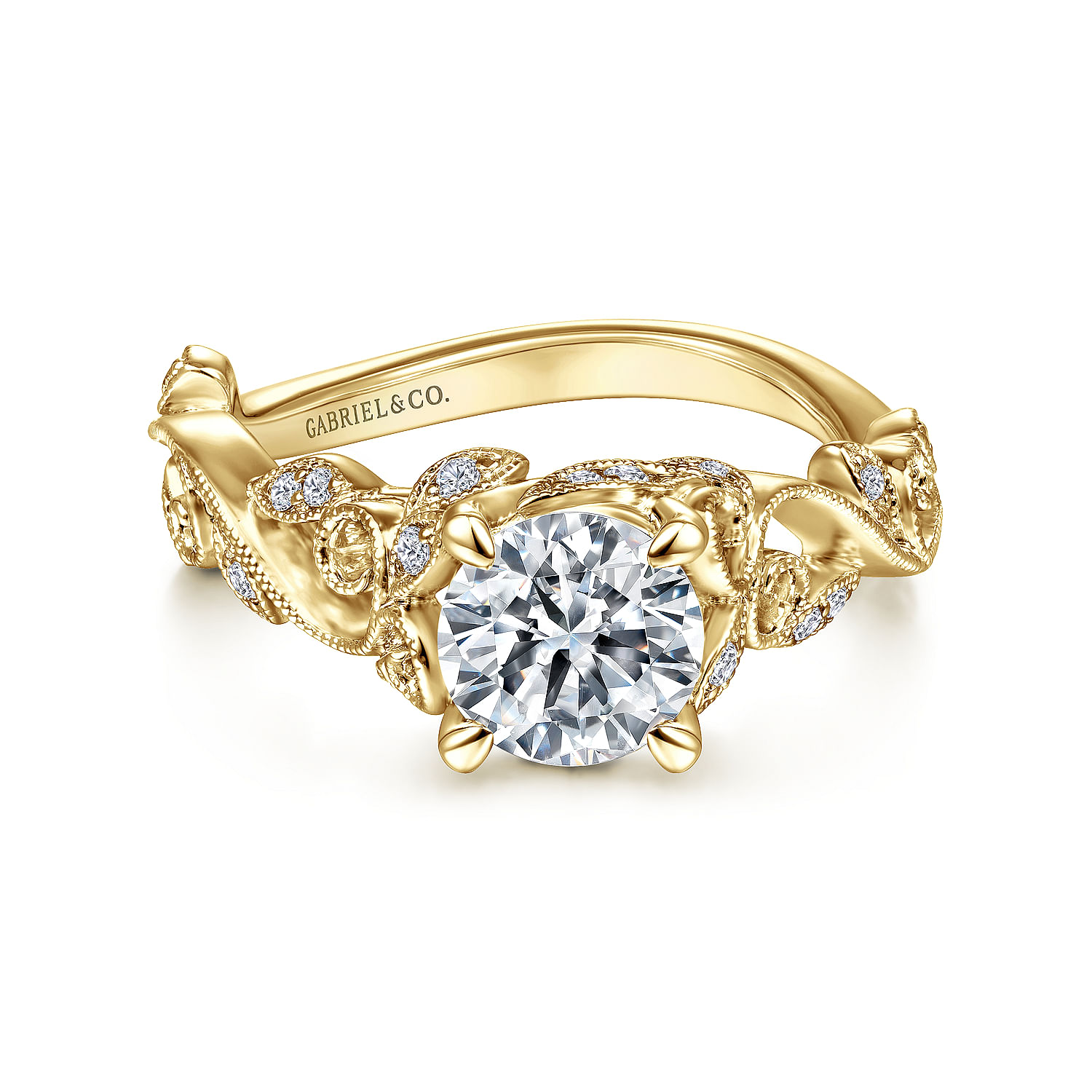 14K Yellow Gold Floral Round Diamond Engagement Ring