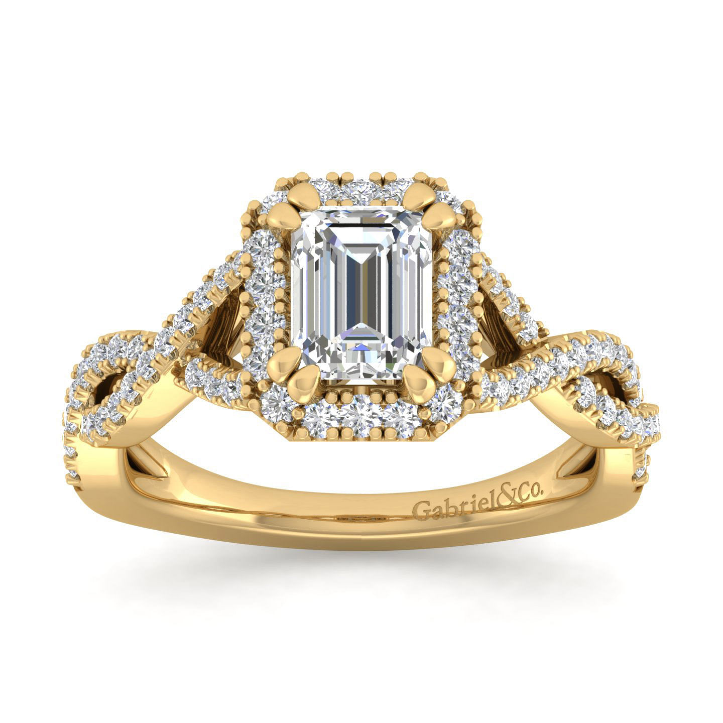 14K Yellow Gold Halo Emerald Cut Diamond Engagement Ring