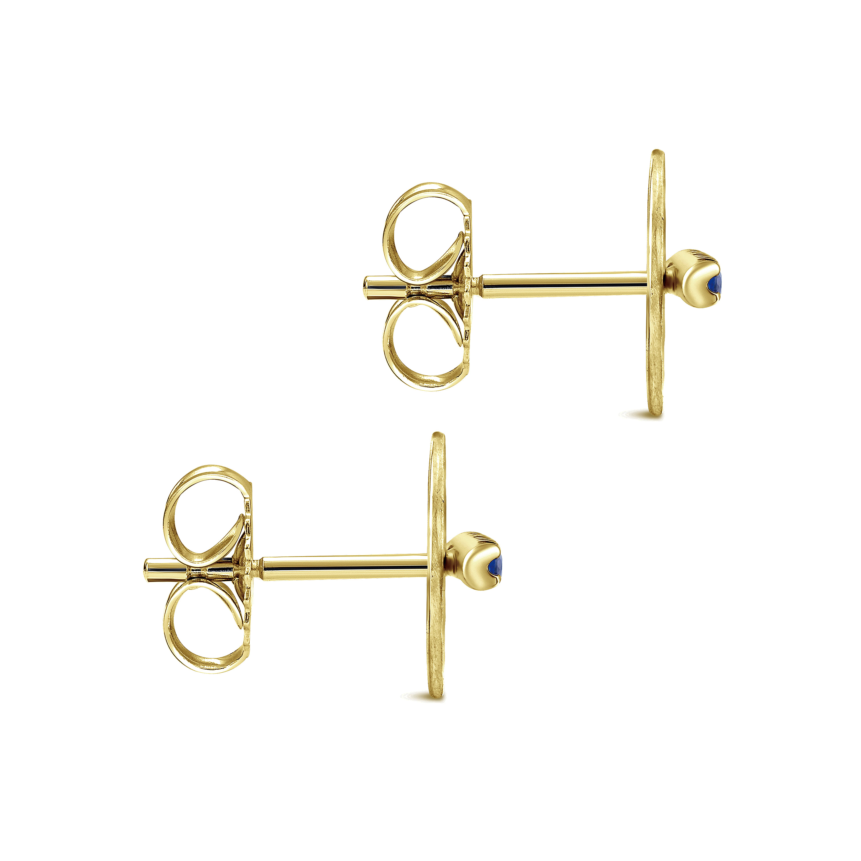 14K Yellow Gold Hammered Disc with Sapphire Bar Stud Earrings