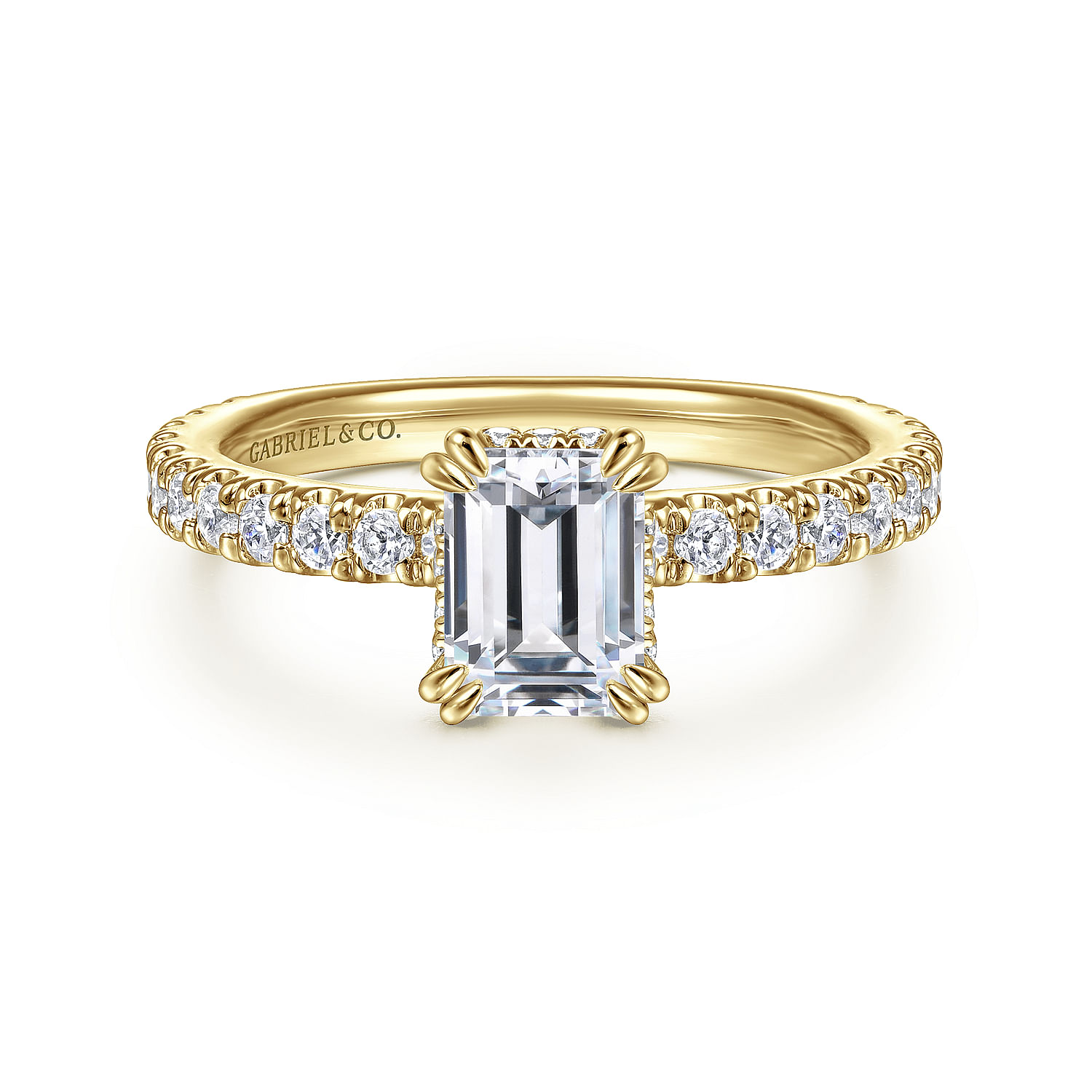 14K Yellow Gold Hidden Halo Emerald Cut Diamond Engagement Ring