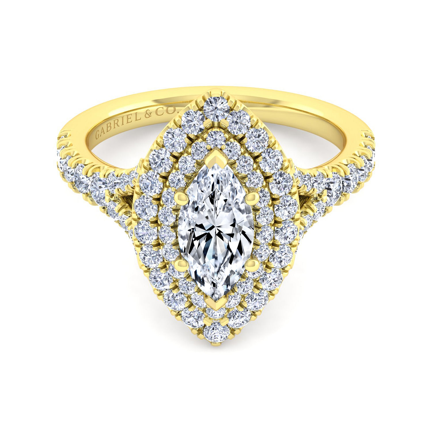 14K Yellow Gold Marquise Shape Double Halo Diamond Engagement Ring