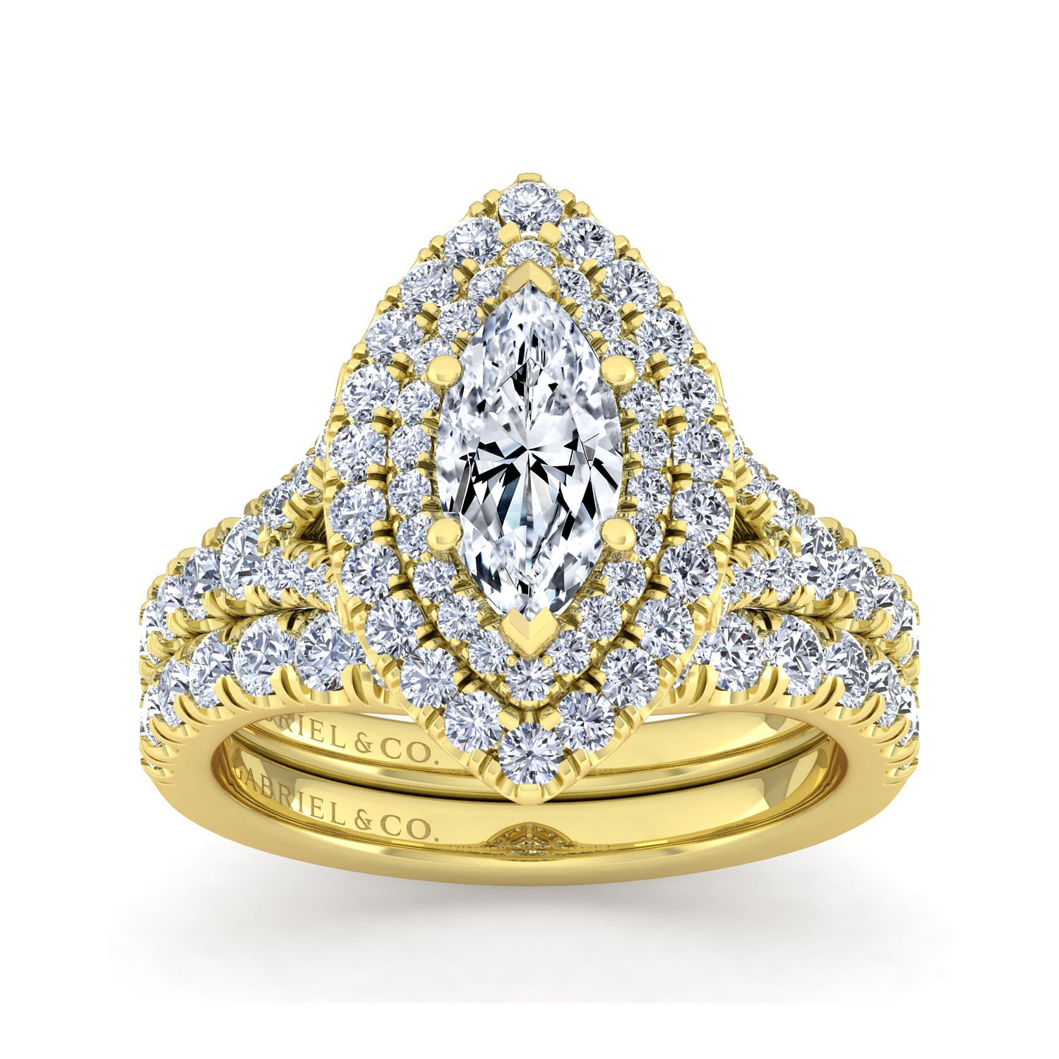 14K Yellow Gold Marquise Shape Double Halo Diamond Engagement Ring
