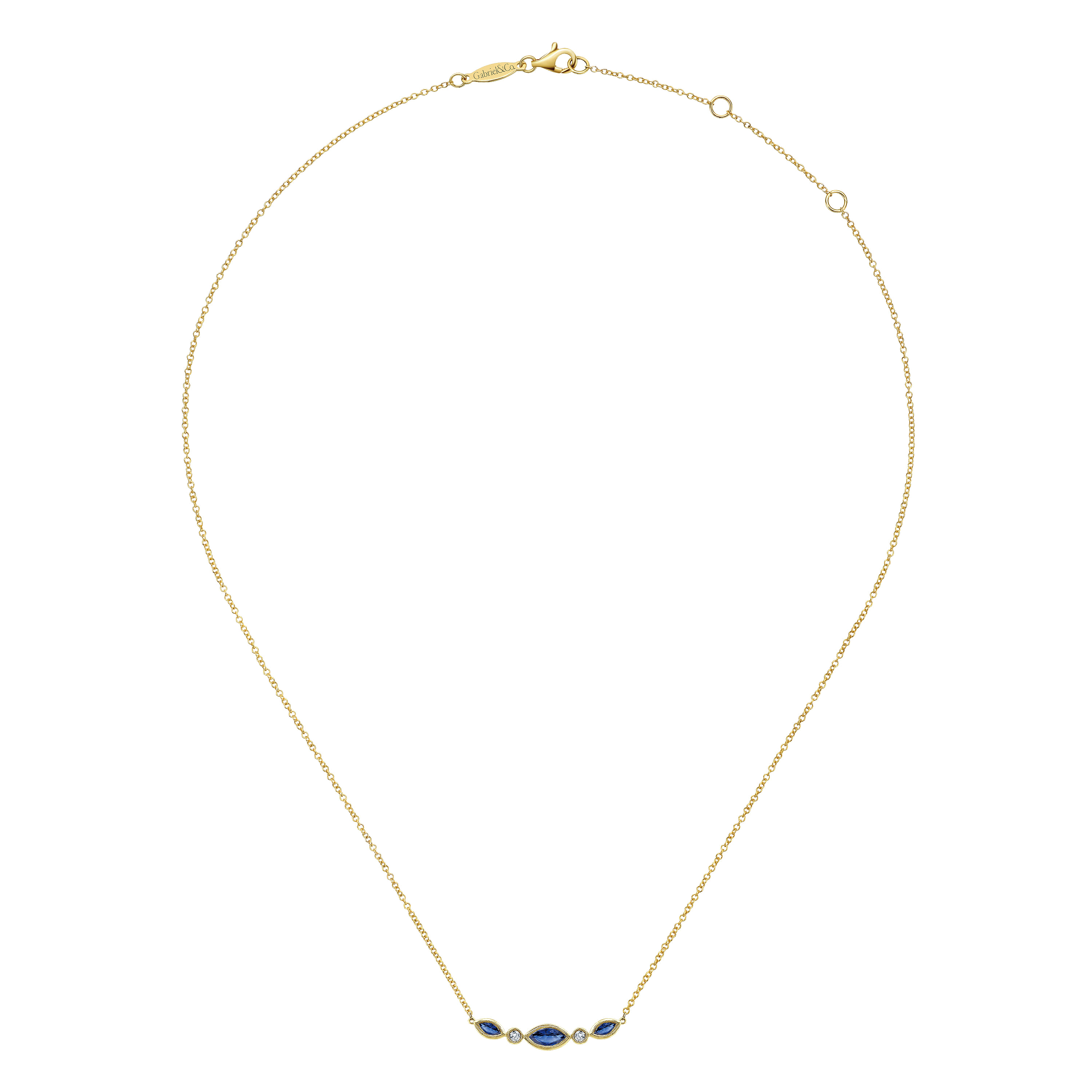 14K Yellow Gold Marquise Shape Sapphire and Bezel Set Diamond Bar Necklace