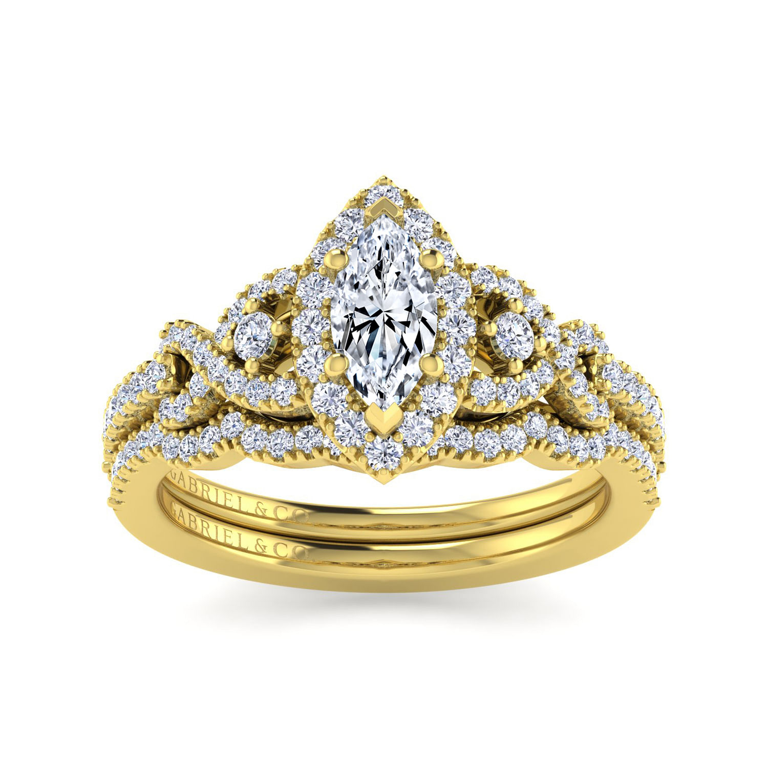 14K Yellow Gold Marquise Shape Three Stone Halo Diamond Engagement Ring