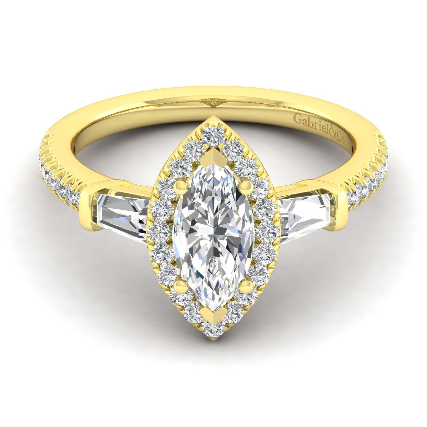 14K Yellow Gold Marquise Shape Three Stone Halo Diamond Engagement Ring