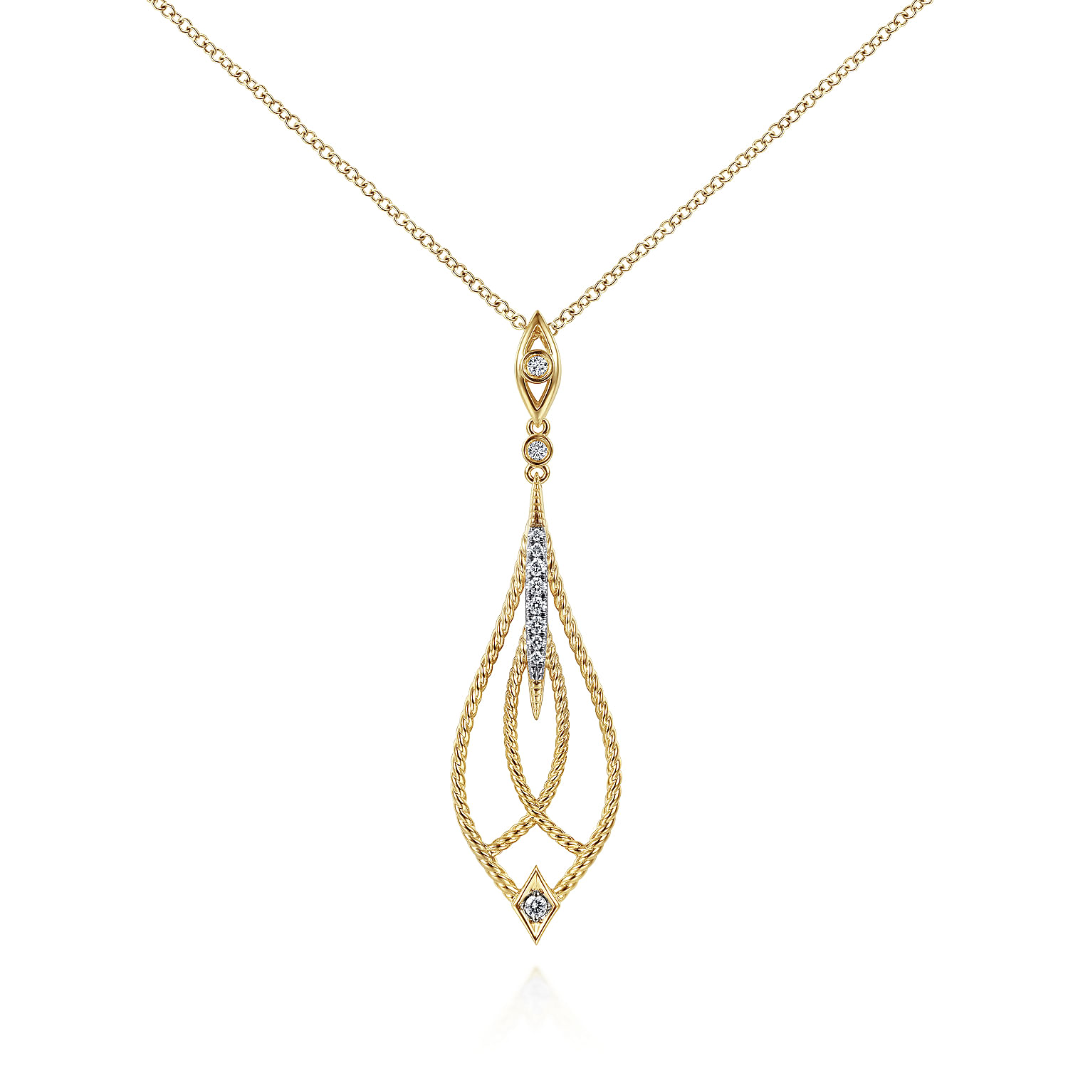 14K Yellow Gold Open Teardrop Pendant Necklace with Diamond Accents